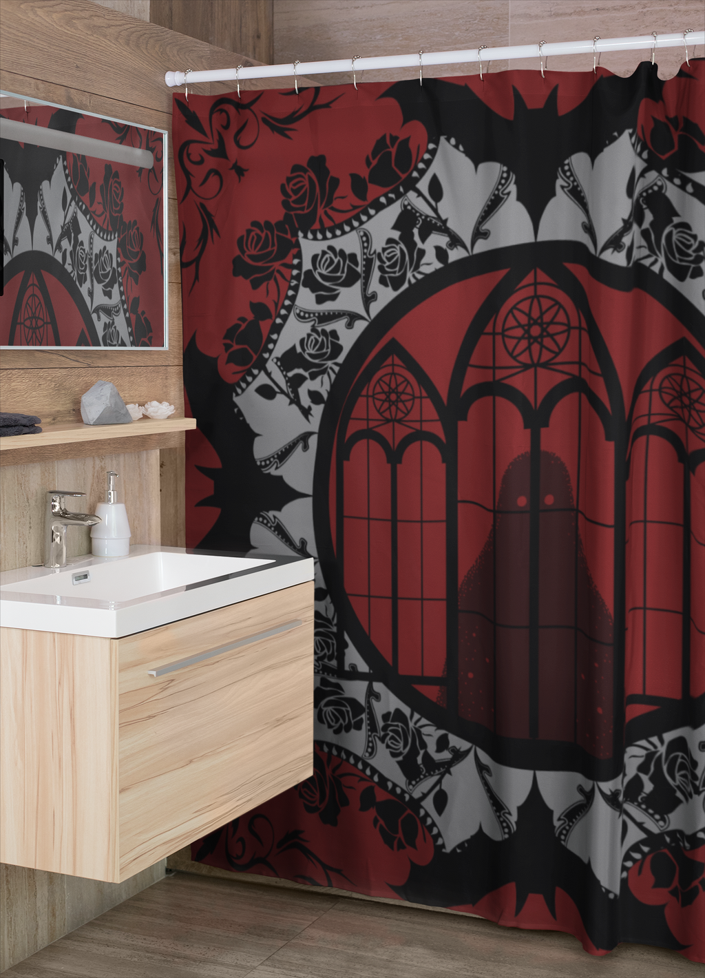 Gothic Cathedral Bats Shower Curtain — Crimson Rose Mandala Bathroom Decor