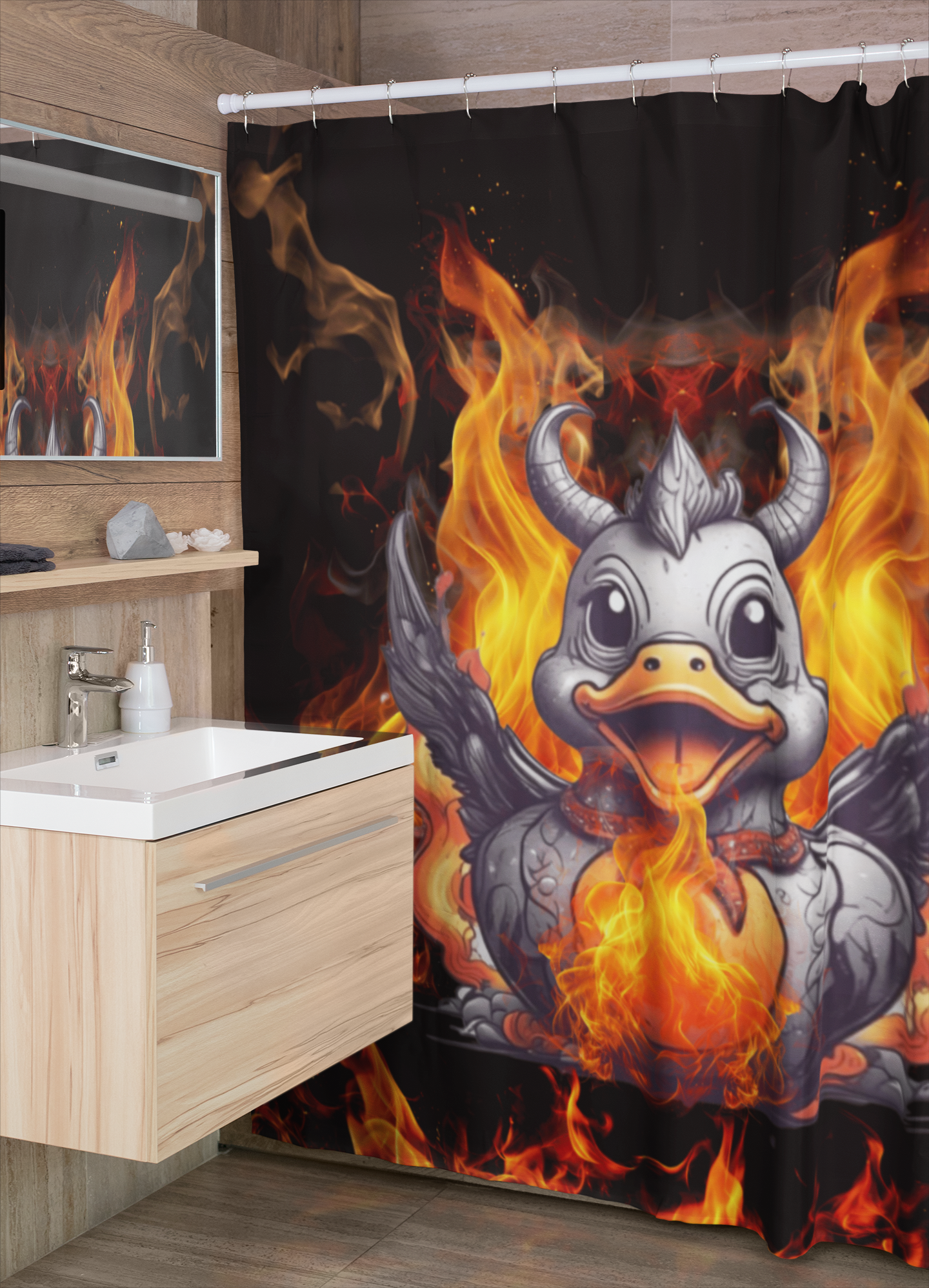 Gothic Fire Duck Shower Curtain — Demon Rubber Ducky Dark Bathroom Decor