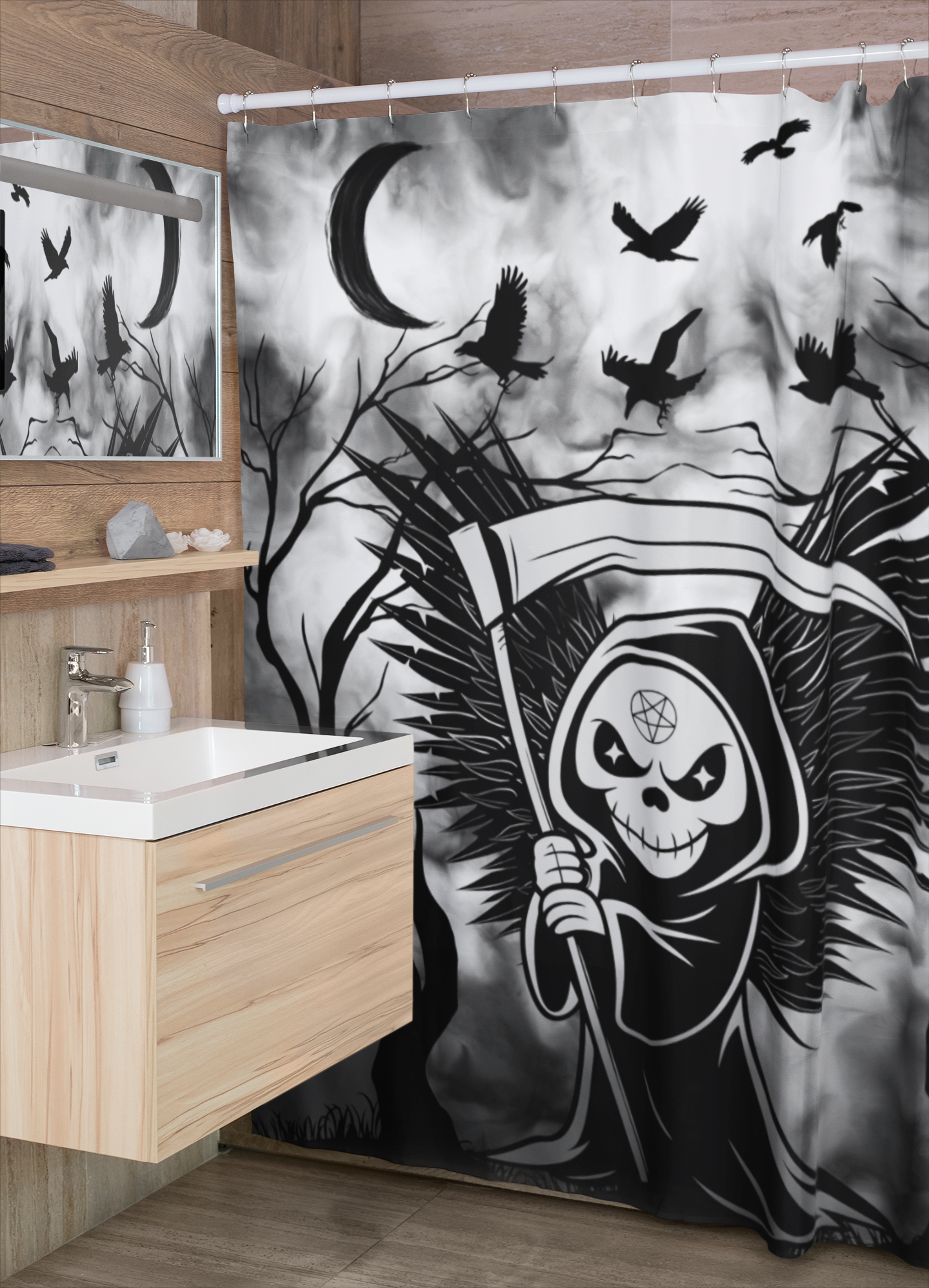 Gothic Grim Reaper Shower Curtain — Dark Macabre Bathroom Decor