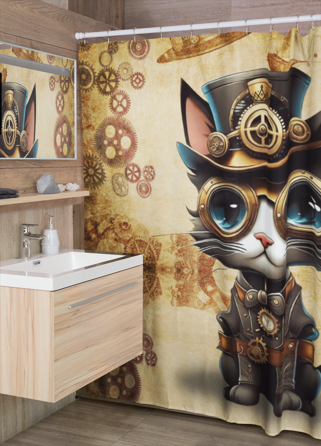 Steampunk Cat Shower Curtain — Vintage Industrial Bathroom Decor