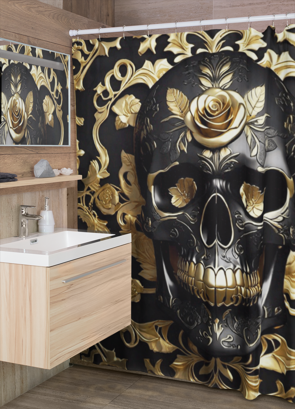 Gothic Black & Gold Skull Shower Curtain — Luxury Baroque Bathroom Decor