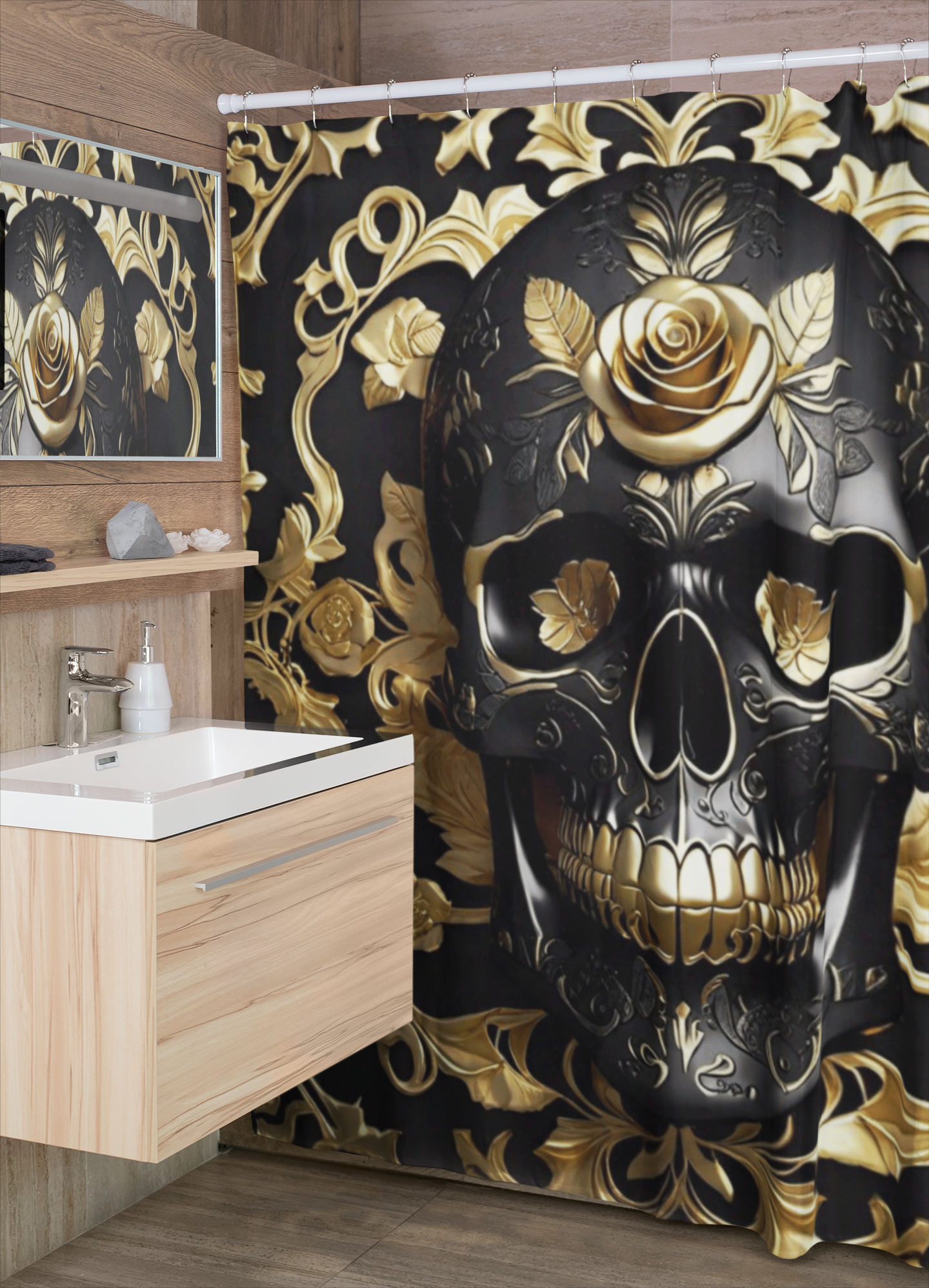 Gothic Black & Gold Skull Shower Curtain — Luxury Baroque Bathroom Decor