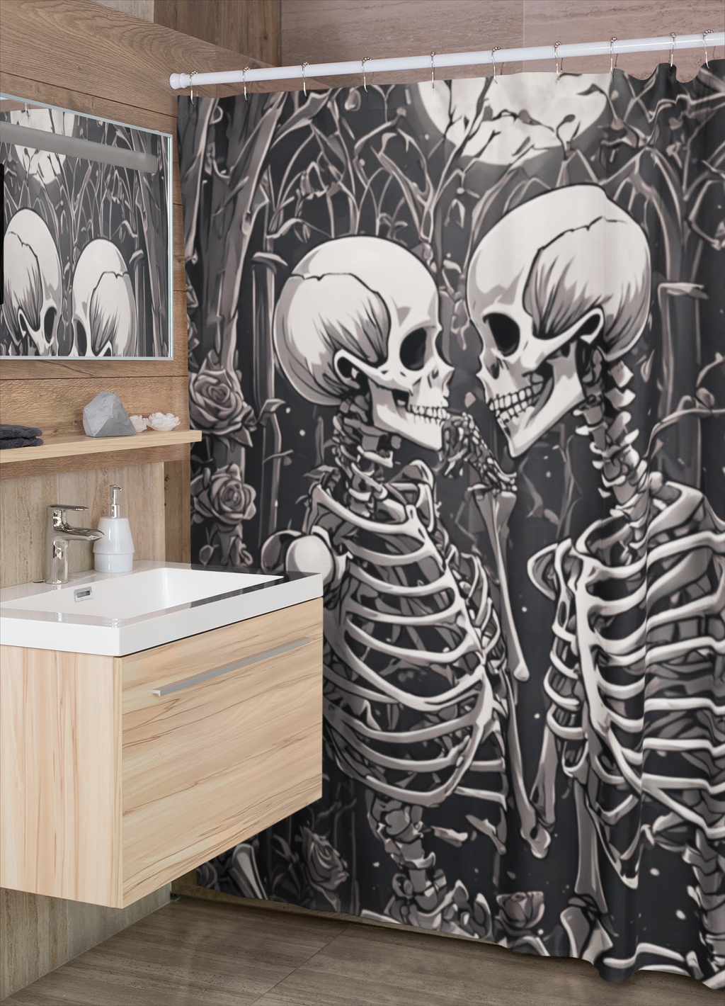 Gothic Skeleton Love Shower Curtain — Dark Romance Valloween Bathroom Decor
