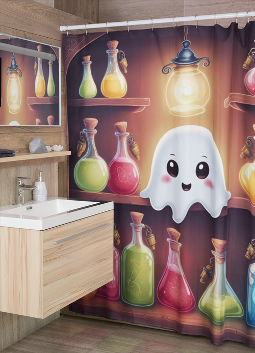 Apothecary Ghost Shower Curtain — Whimsigoth Potion Shelf Bathroom Decor