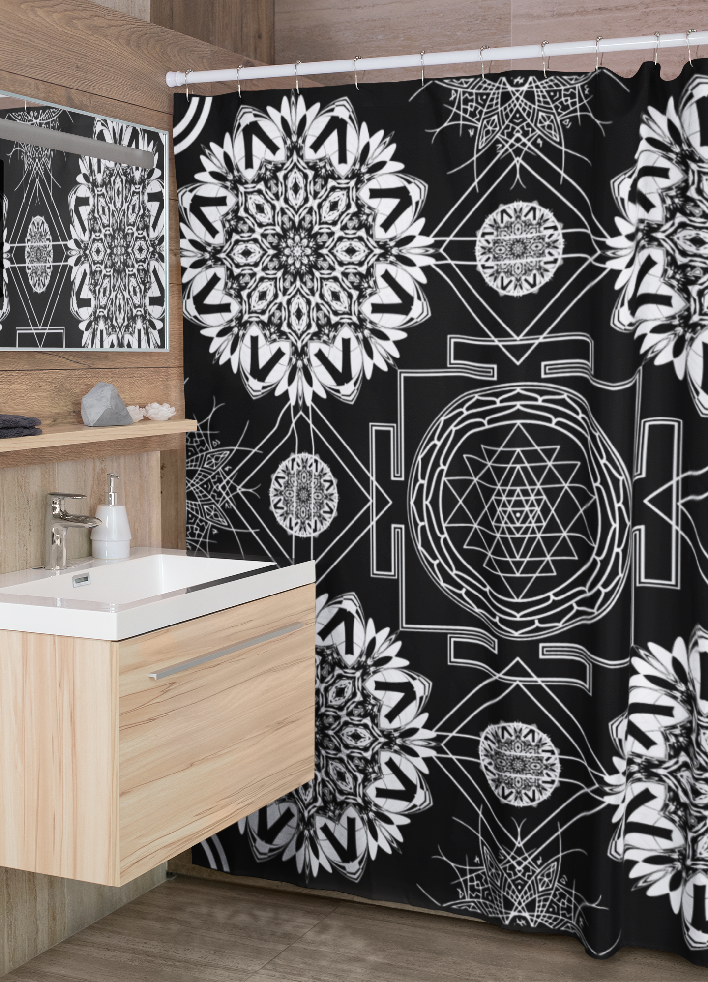 Sacred Geometry Shower Curtain — Mystical Black & White Mandala Bathroom Decor