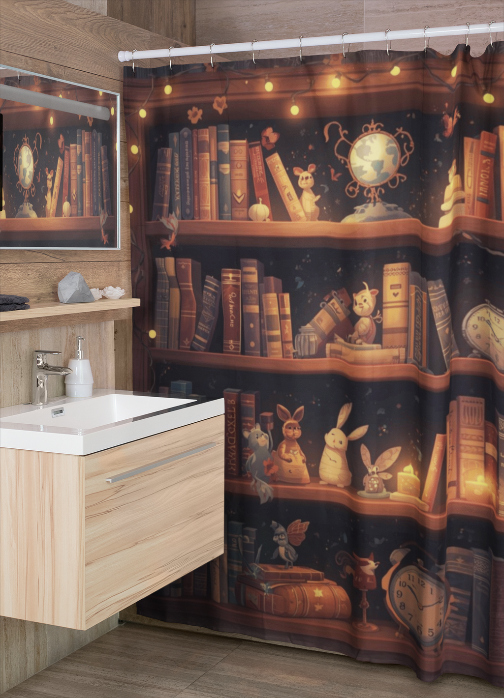 Whimsical Rabbit Bookcase Shower Curtain — Cozy Fantasy Library Bathroom Decor