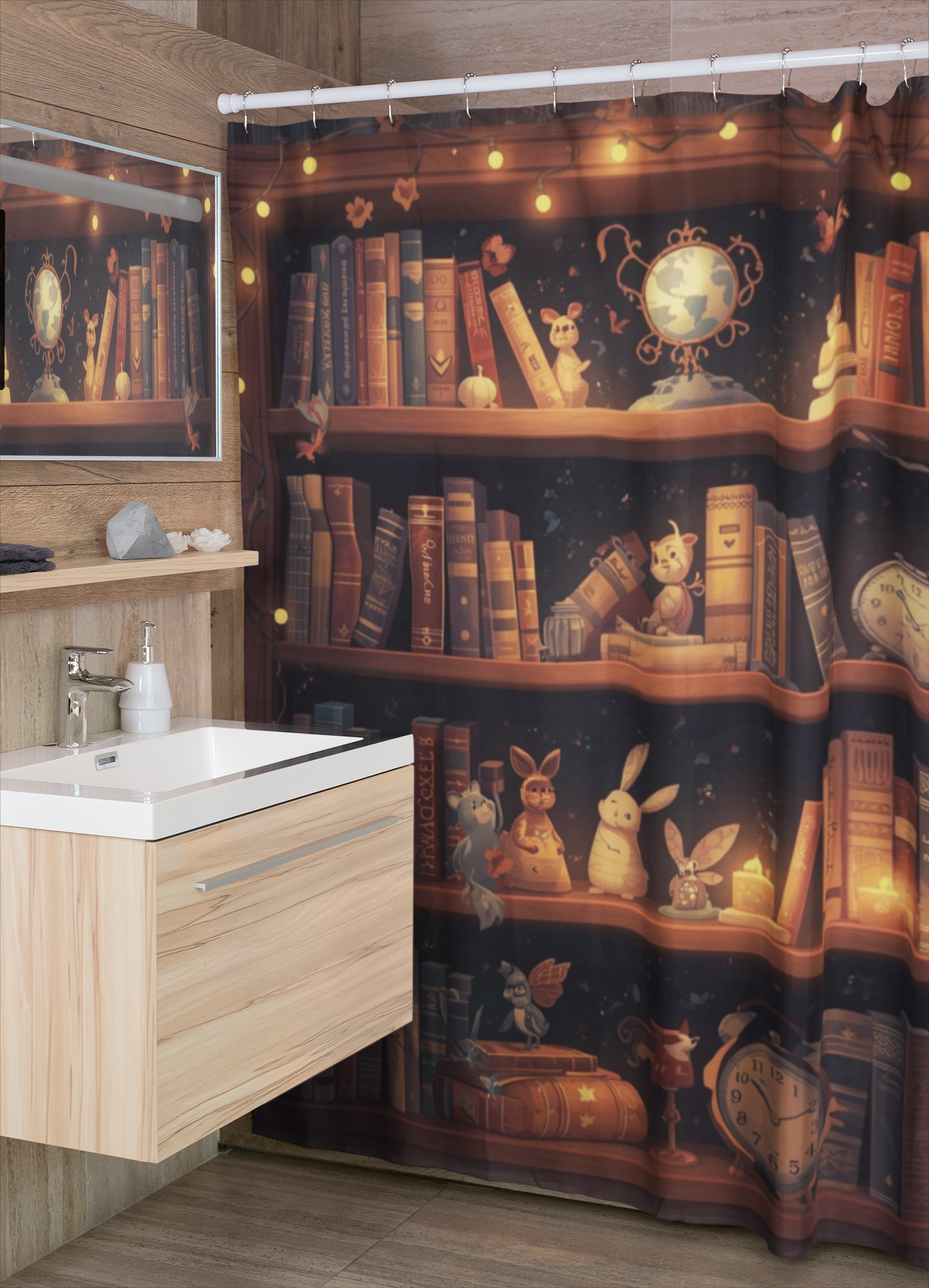Whimsical Rabbit Bookcase Shower Curtain — Cozy Fantasy Library Bathroom Decor