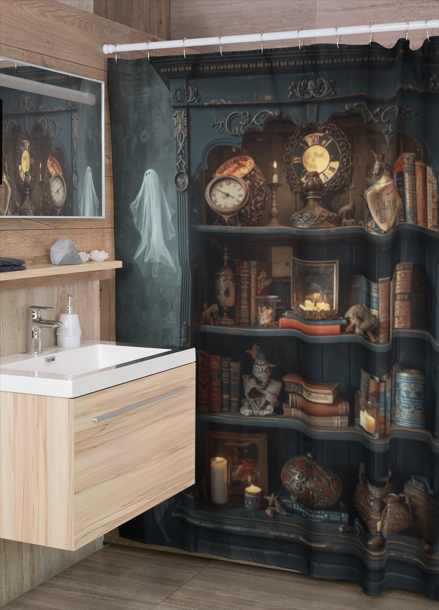 Whimsigoth Bookcase Ghost Shower Curtain — Dark Academia Ghost Library Decor
