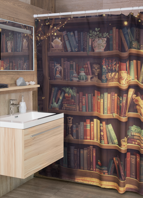 Cottagecore Bookcase Shower Curtain — Cozy Fantasy Book Lover Bathroom Decor