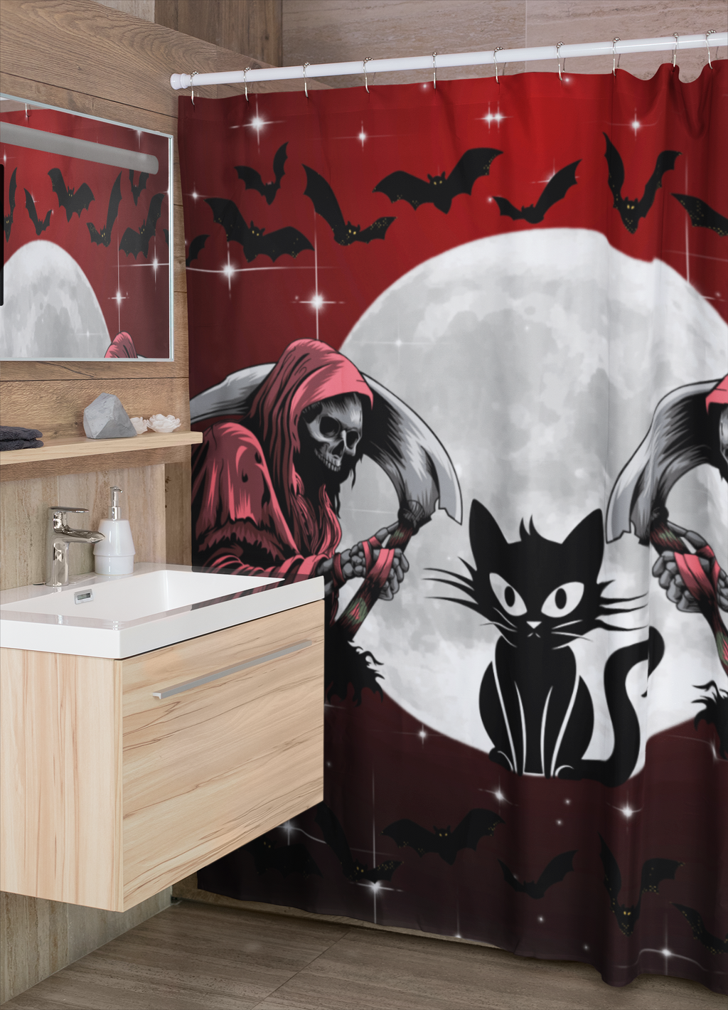 Gothic Grim Reaper Cat Full Moon Shower Curtain — Halloween Bathroom Decor