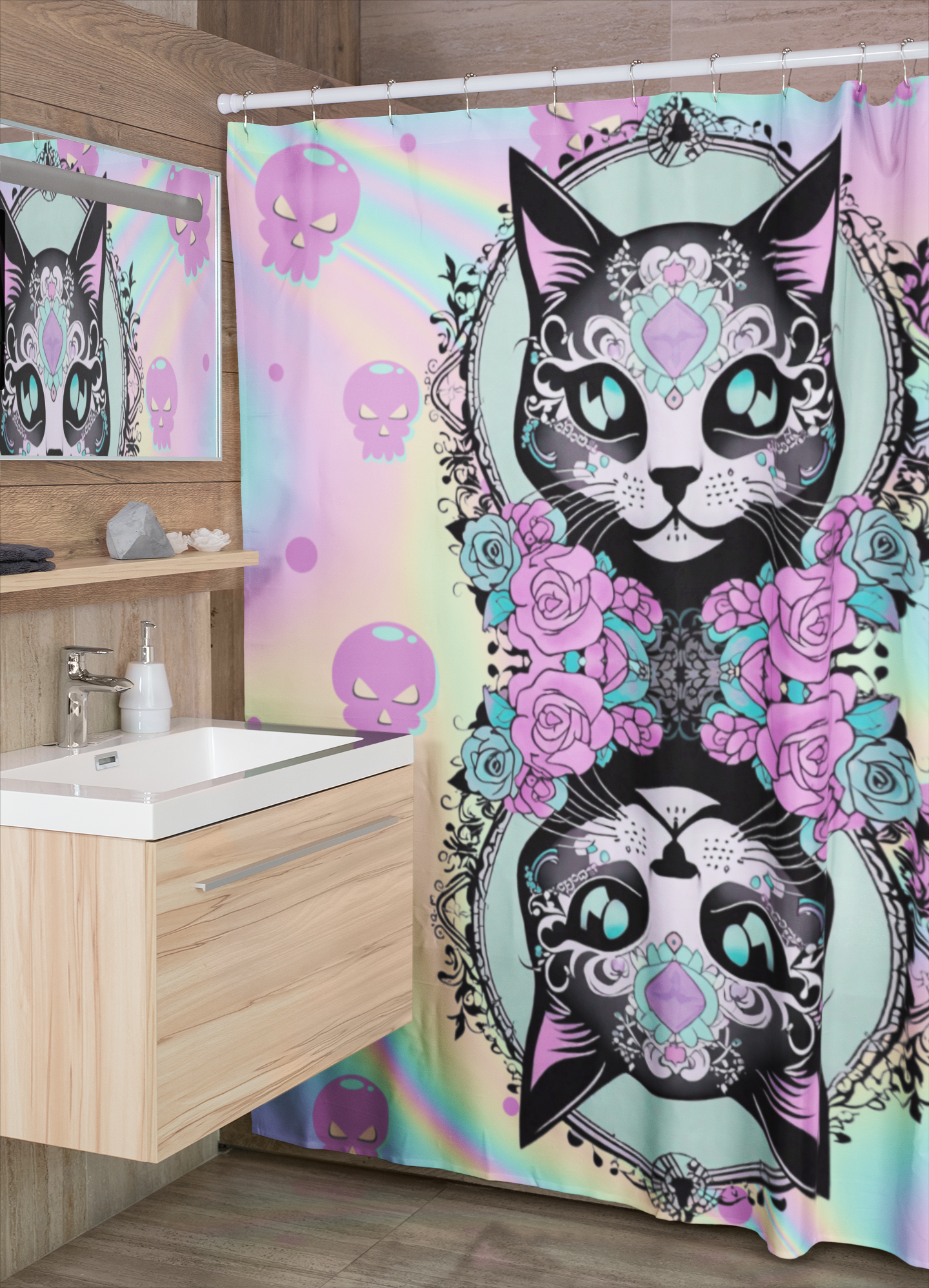 Pastel Goth Cat Shower Curtain — Kawaii Sugar Skull Cat Rainbow Bathroom Decor