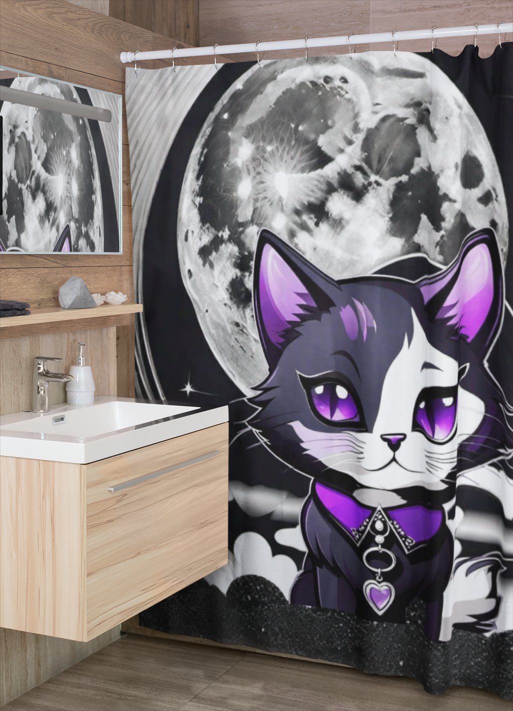 Pastel Goth Black Cat Full Moon Shower Curtain — Witchy Bathroom Decor