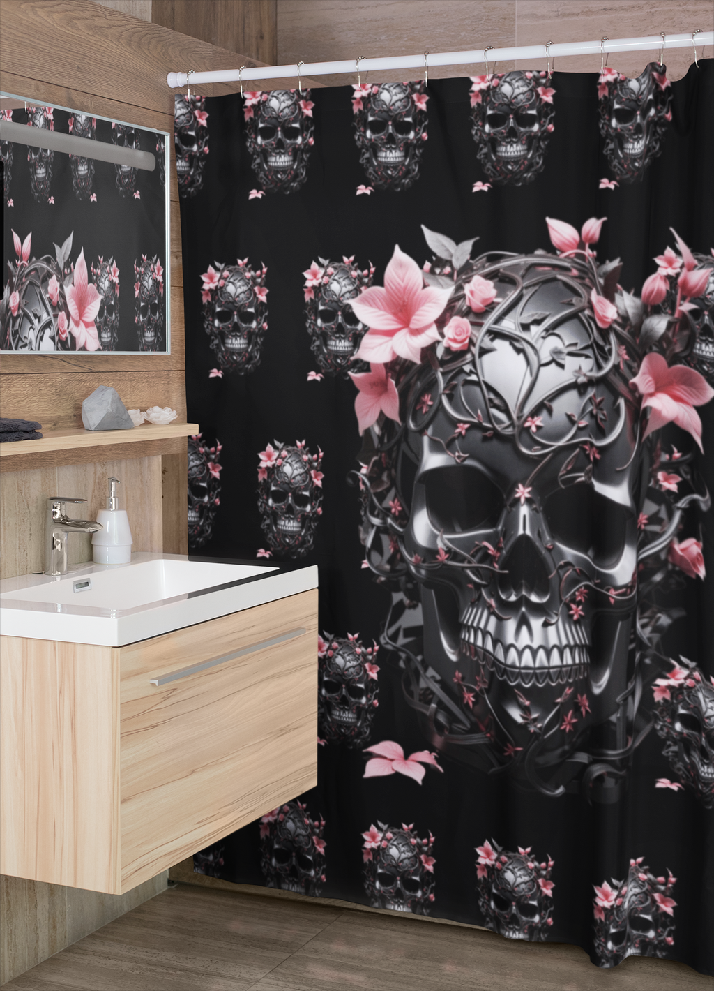 Gothic Floral Skull Shower Curtain — Dark Botanical Bathroom Decor