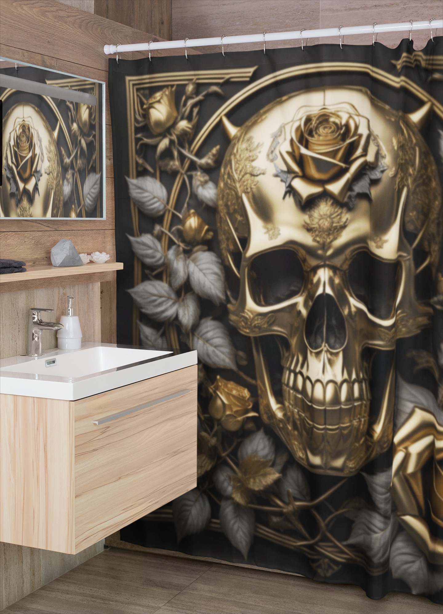Gothic Black & Gold Skull Rose Shower Curtain — Gothic Glam Bathroom Decor