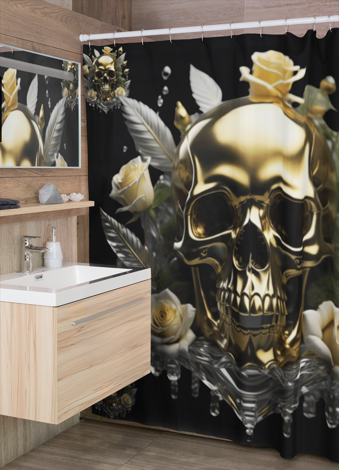 Gothic Gold Skull Crystal Rose Shower Curtain — Whimsigoth Bathroom Decor