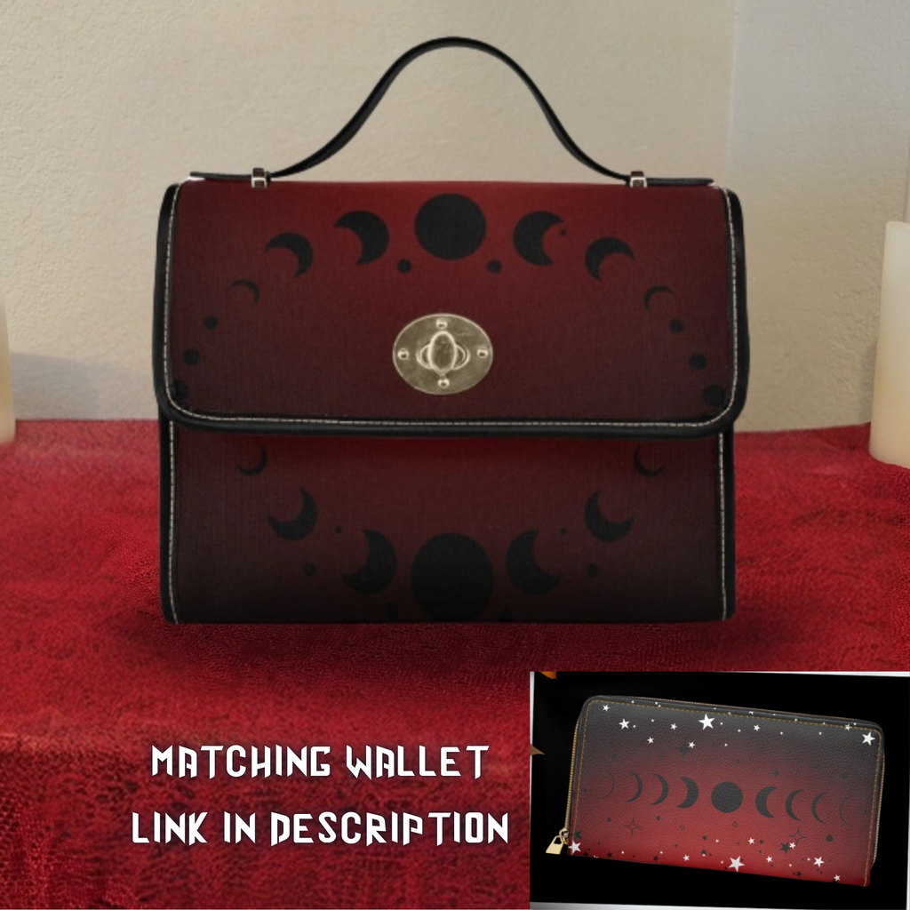 Gothic black moon phases crimson red ombre waterproof canvas handbag crossbody purse gold turn lock
