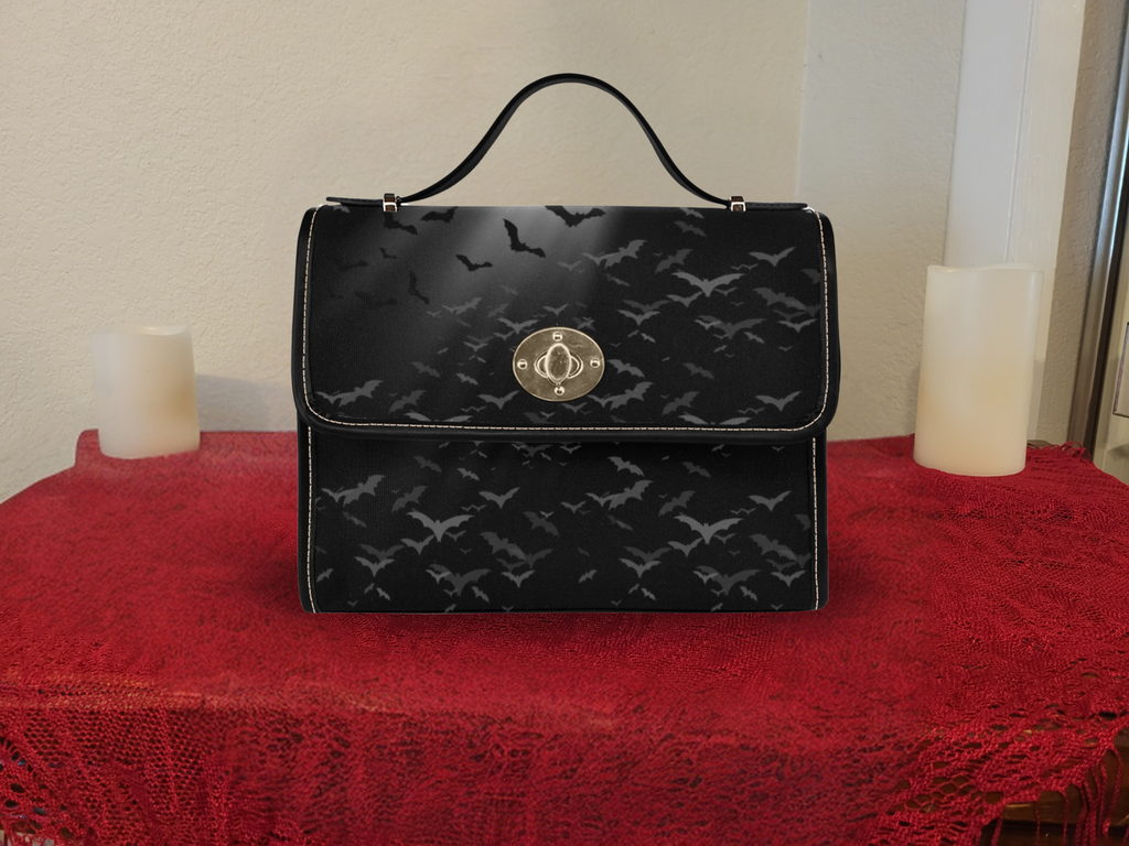 Gothic moonlit bat silhouette all black waterproof canvas handbag crossbody purse silver turn lock