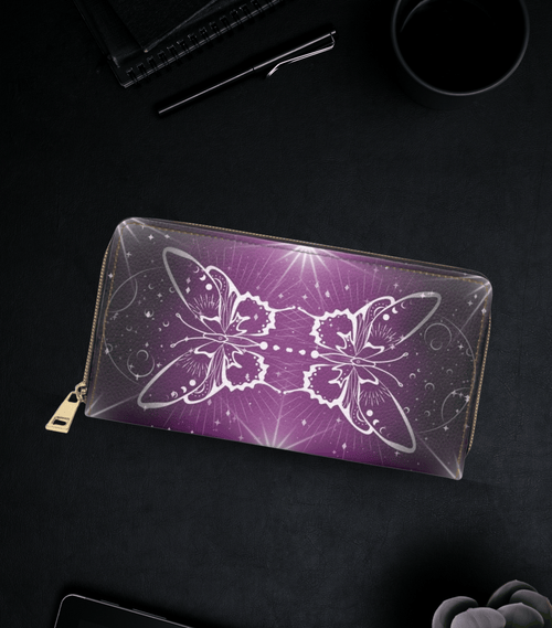 Celestial Luna Moth Wallet | Purple Witchy Faux Leather Zipper Clutch