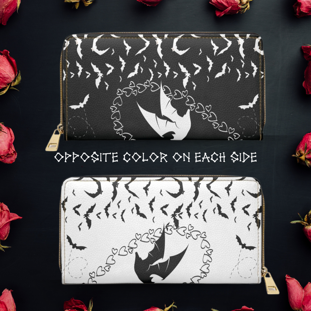 Gothic two-sided black white bat silhouettes heart chain faux leather zipper wallet gold hardware reversible

Next one whenever you're ready.