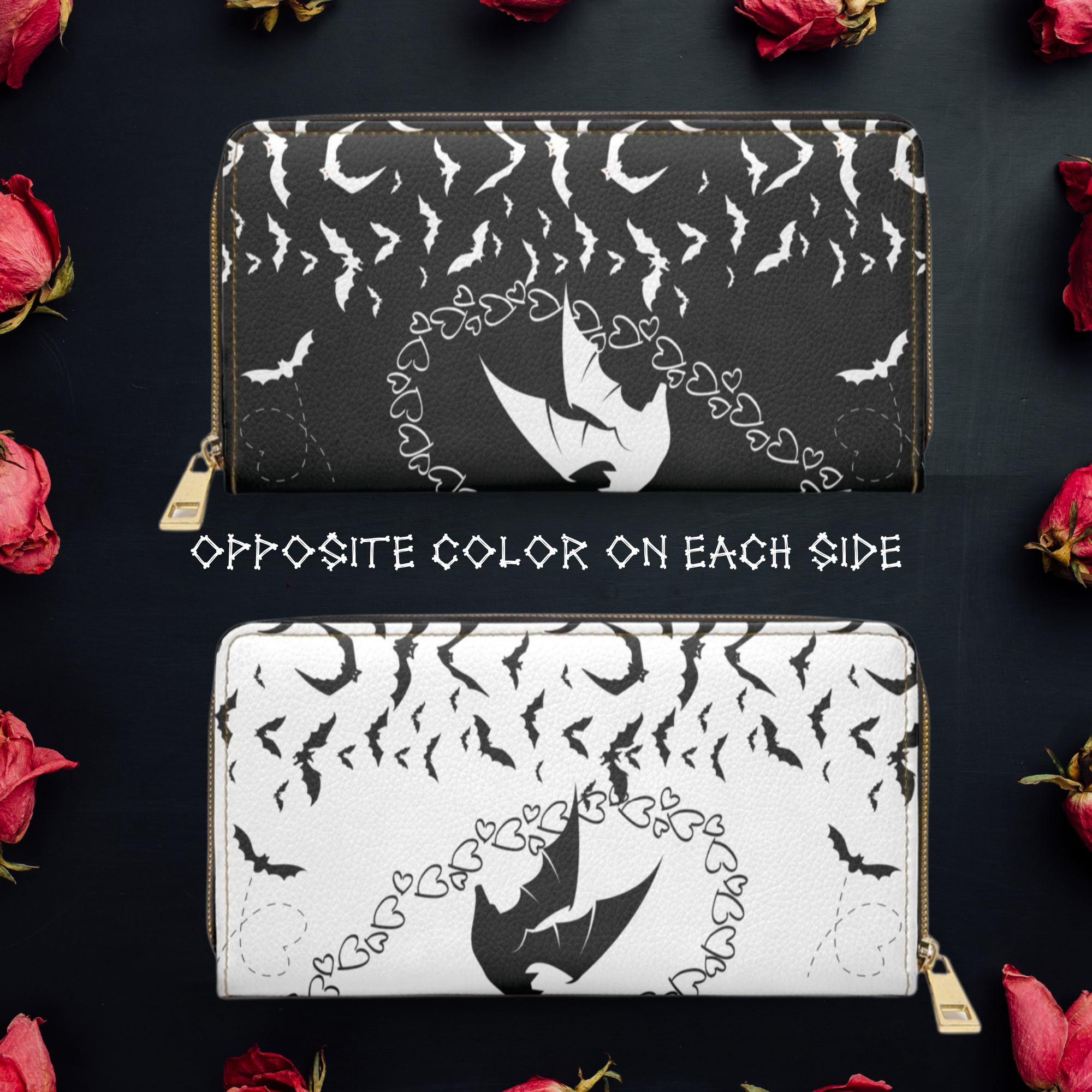 Gothic two-sided black white bat silhouettes heart chain faux leather zipper wallet gold hardware reversible

Next one whenever you're ready.
