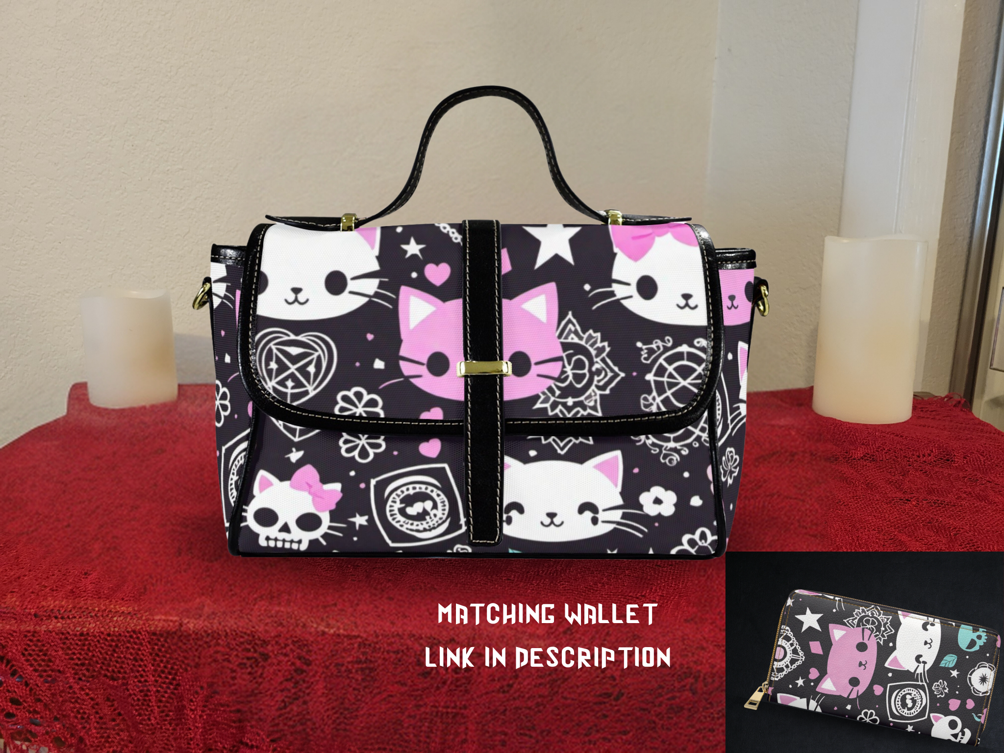 Pastel goth kawaii cat skull stars waterproof canvas crossbody satchel purse black pink