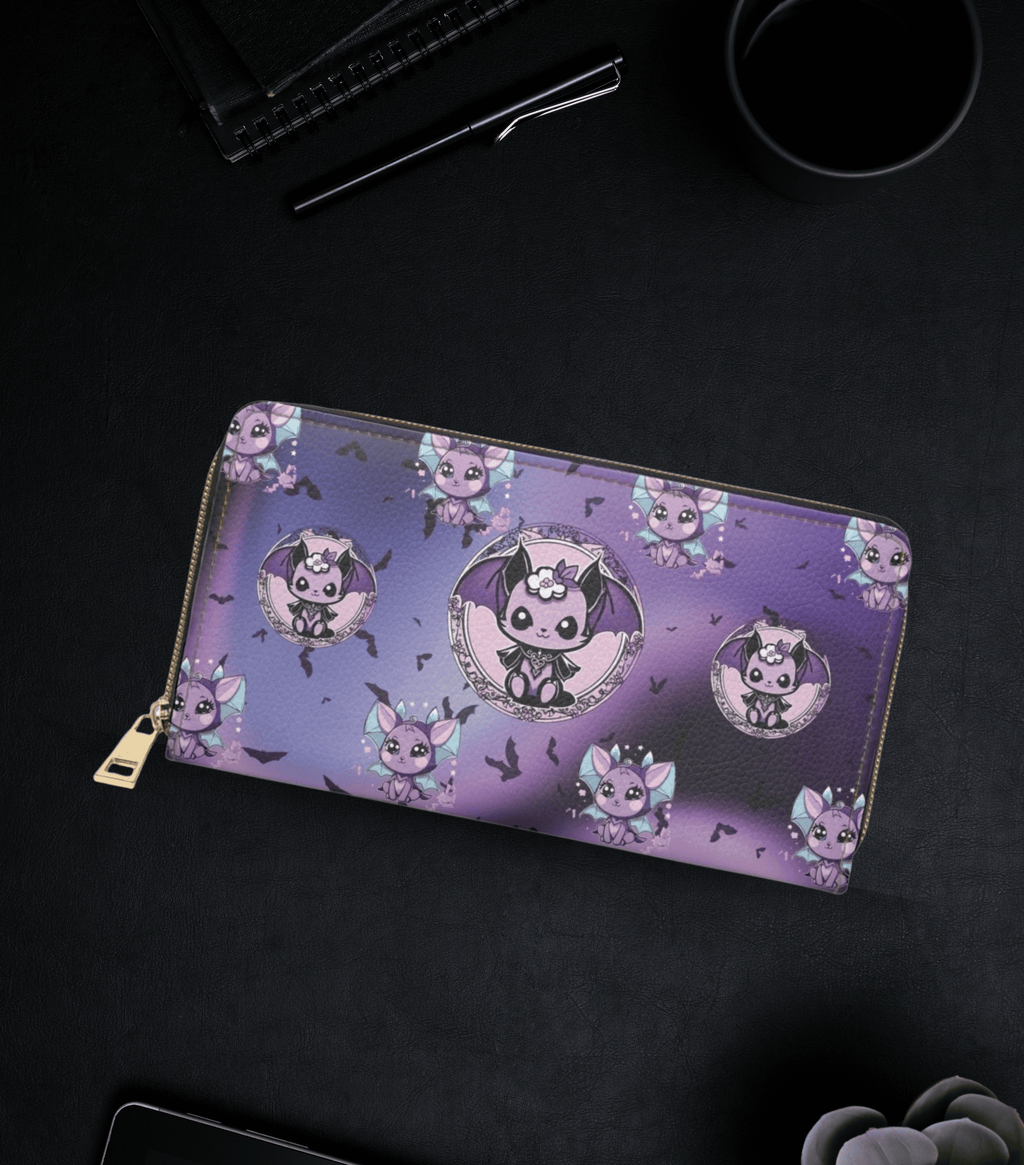 Pastel goth kawaii bat print gothic medallion purple blue ombre faux leather zipper wallet gold hardware