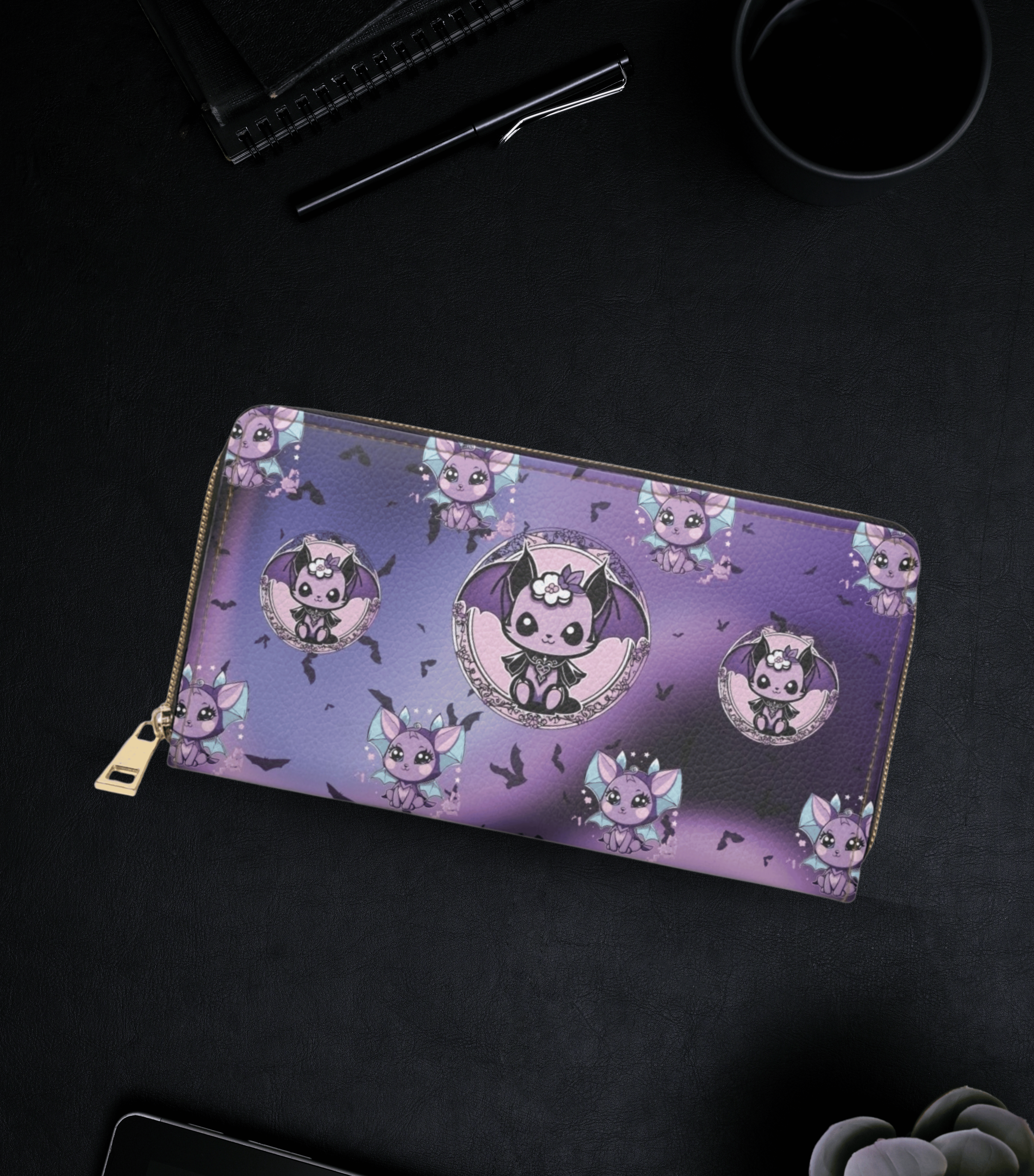 Pastel goth kawaii bat print gothic medallion purple blue ombre faux leather zipper wallet gold hardware
