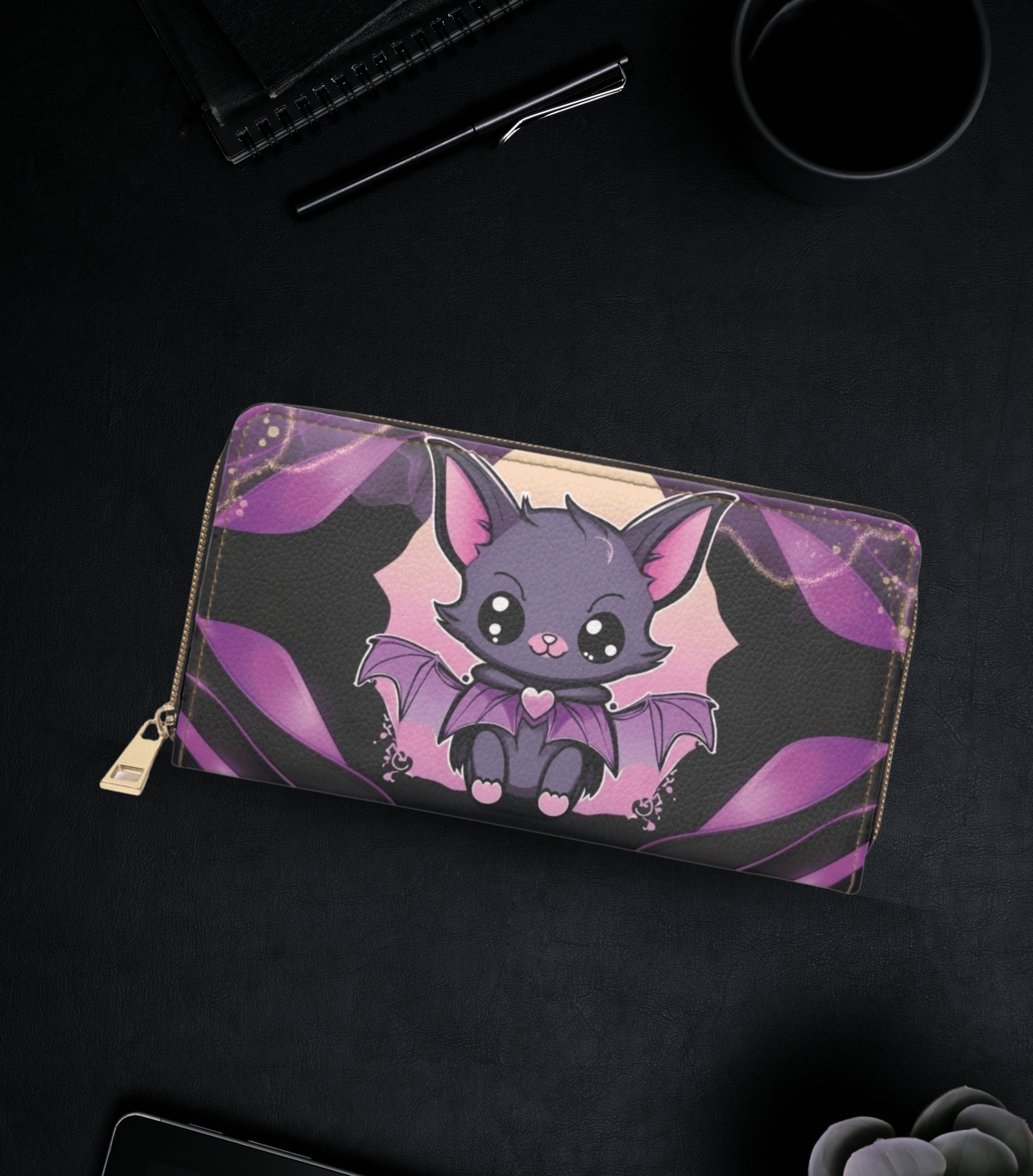
Pastel goth kawaii purple bat heart charm black purple leaf faux leather zipper wallet gold hardware