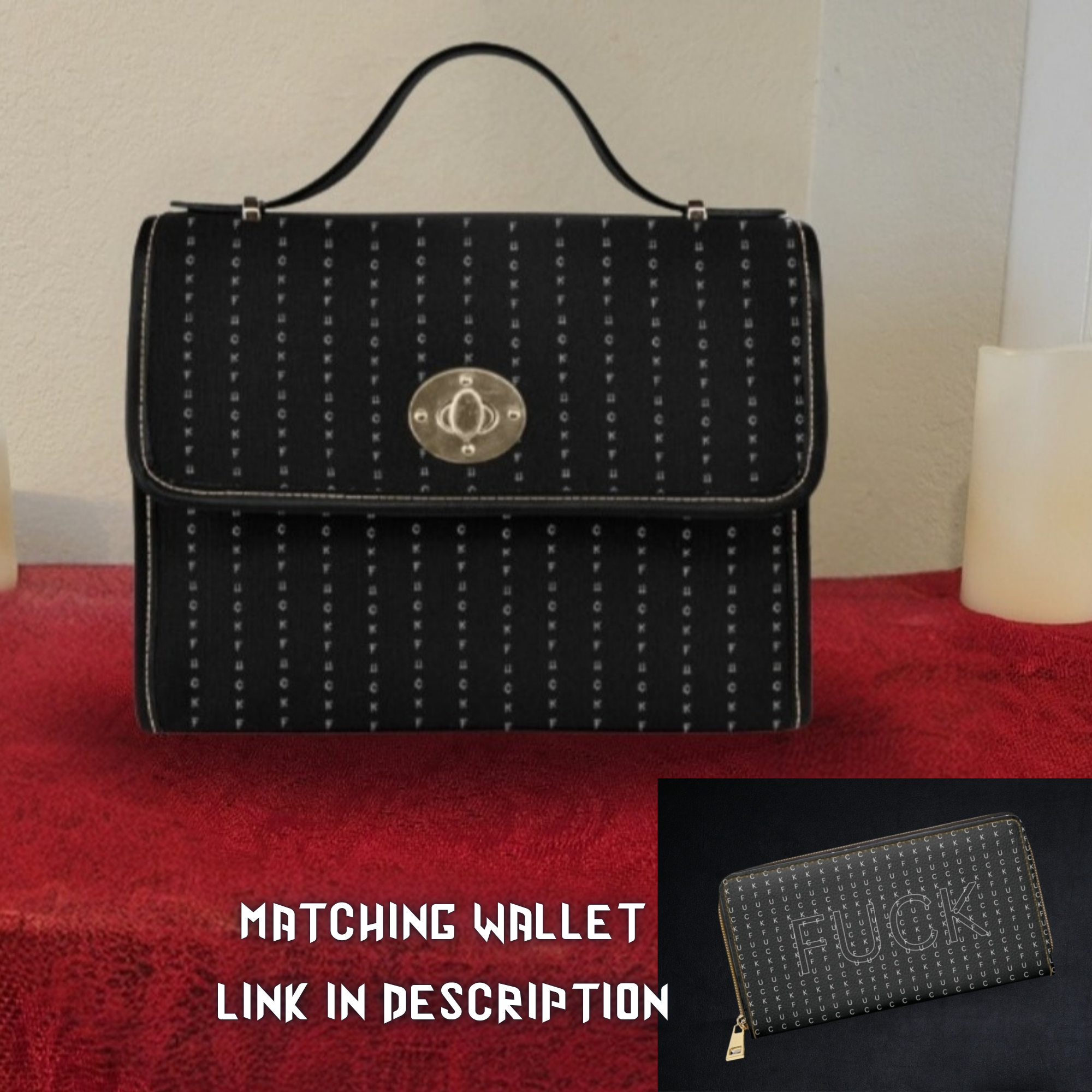 Gothic black pinstripe hidden curse word tonal waterproof canvas handbag crossbody purse gold turn lock