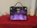 Purple galaxy nebula star burst black waterproof canvas handbag crossbody purse silver turn lock
