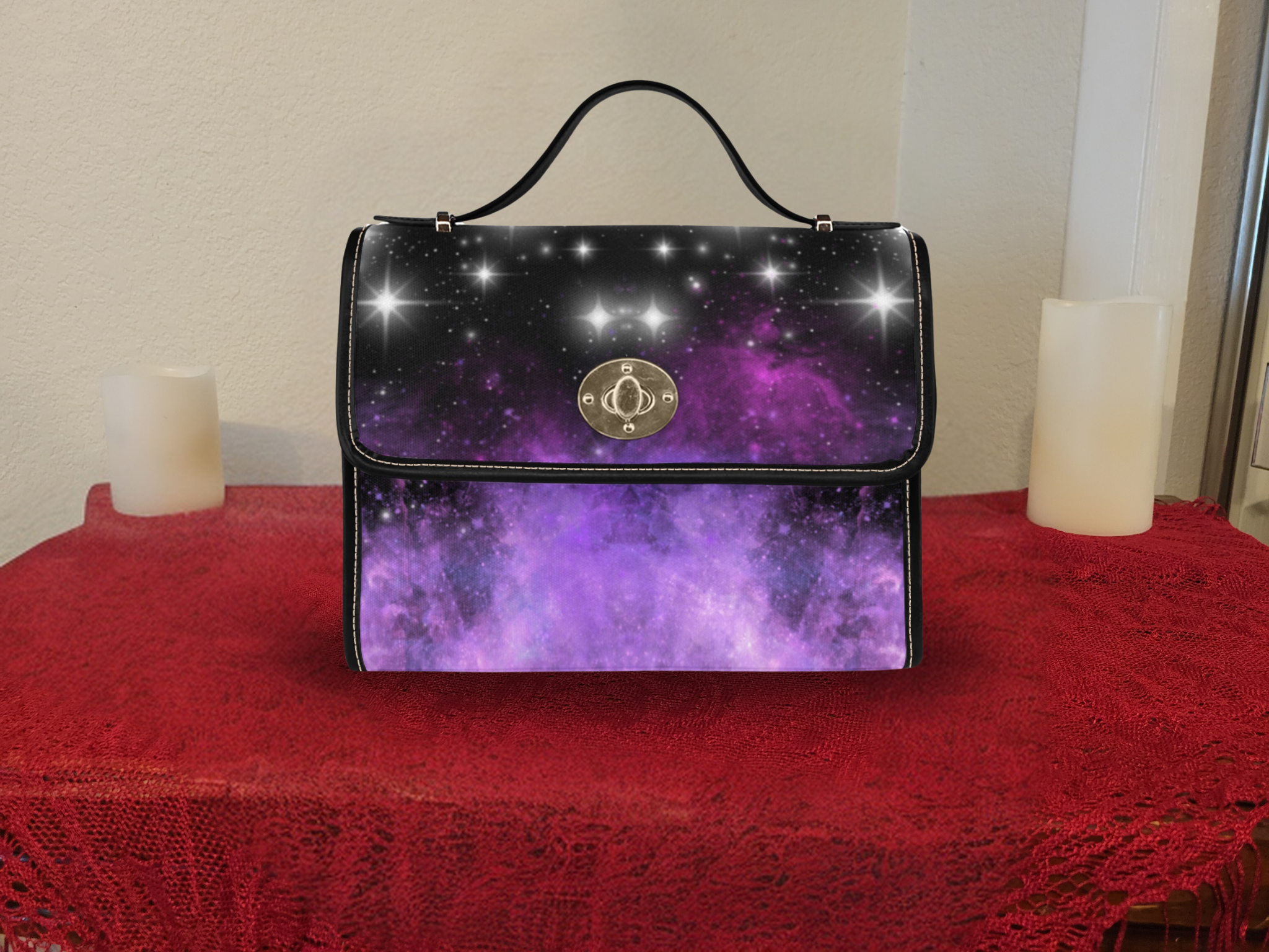 Purple galaxy nebula star burst black waterproof canvas handbag crossbody purse silver turn lock
