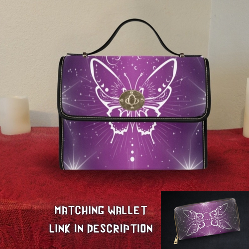 Celestial luna moth moon phases stars white purple waterproof canvas handbag crossbody purse gold turn lock