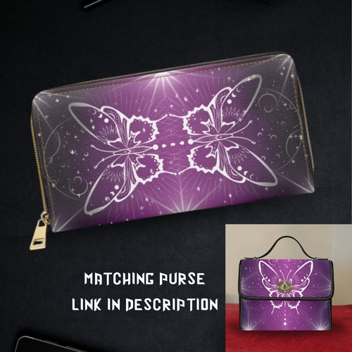 Celestial luna moth mirrored white moon phases stars deep purple faux leather zipper wallet gold hardware