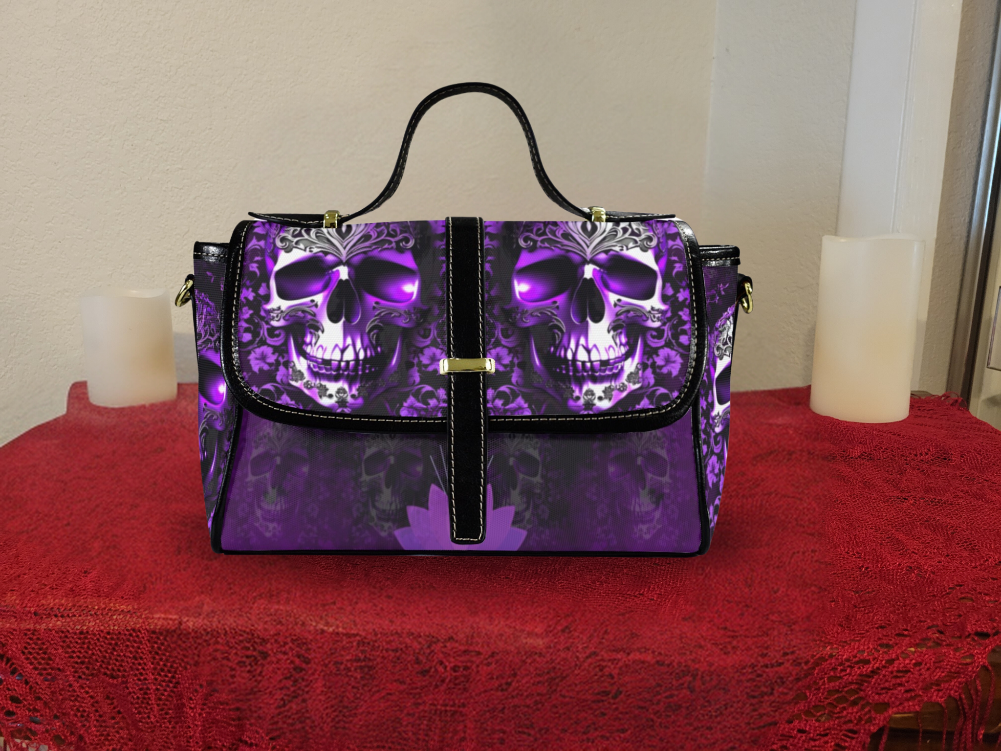 Gothic purple glowing skull floral damask waterproof canvas crossbody satchel purse