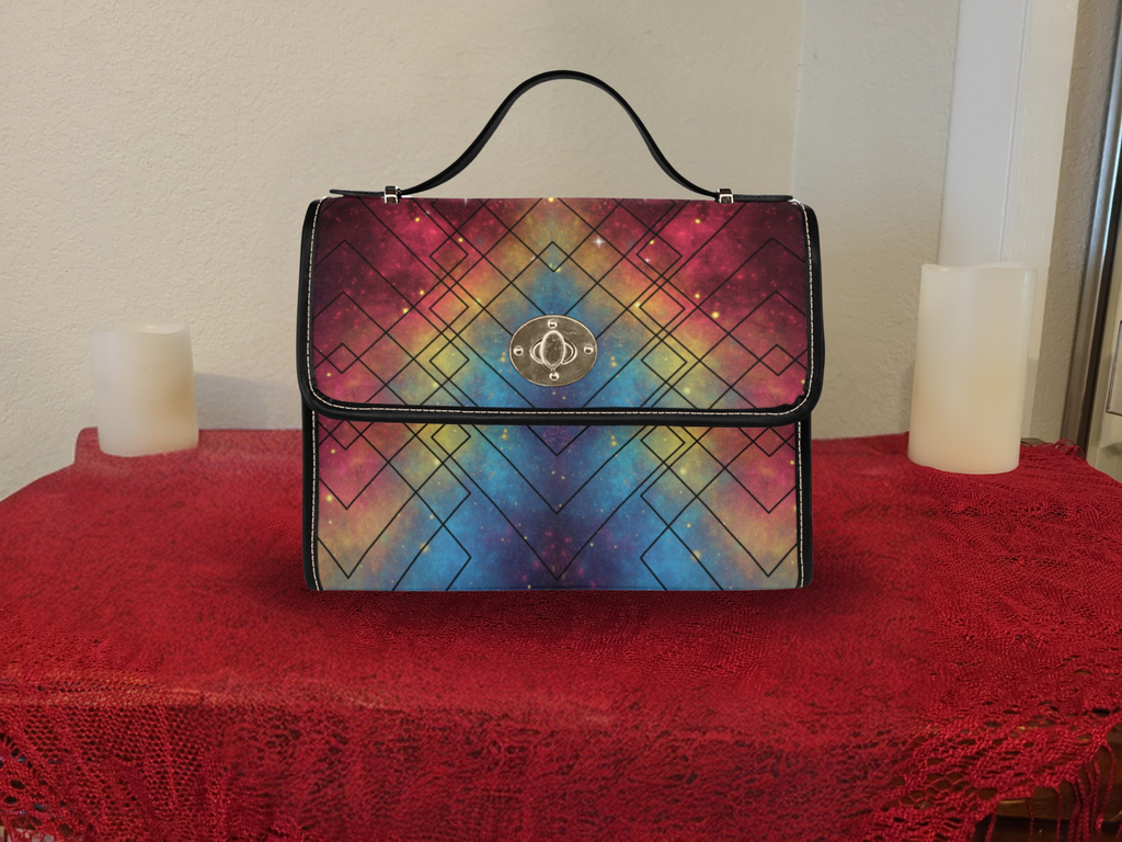 Rainbow galaxy nebula geometric diamond lines red blue gold waterproof canvas handbag crossbody purse silver turn lock

Next one whenever you're ready.