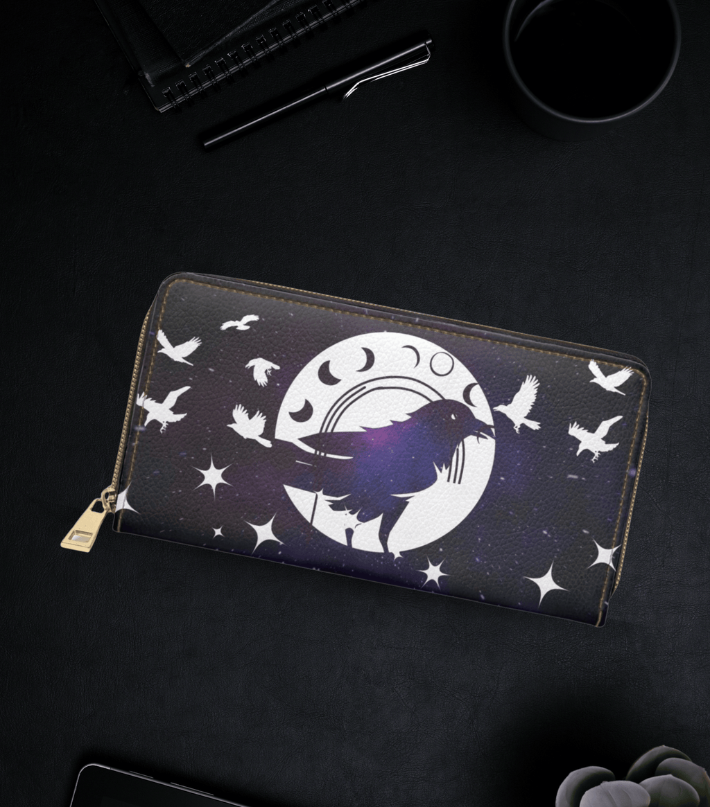 Gothic celestial raven full moon phases purple cosmic starfield white faux leather zipper wallet gold hardware
