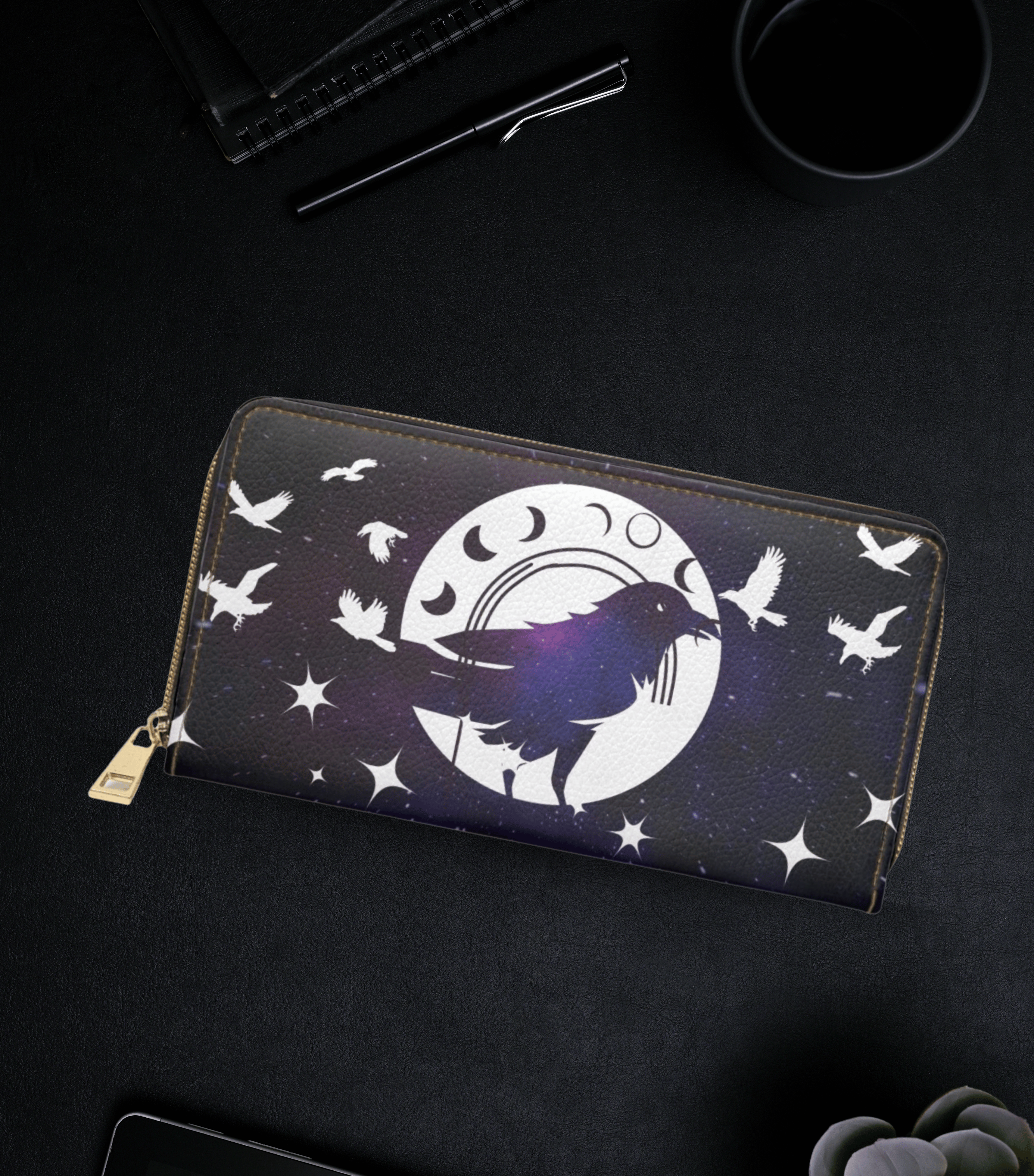Gothic celestial raven full moon phases purple cosmic starfield white faux leather zipper wallet gold hardware
