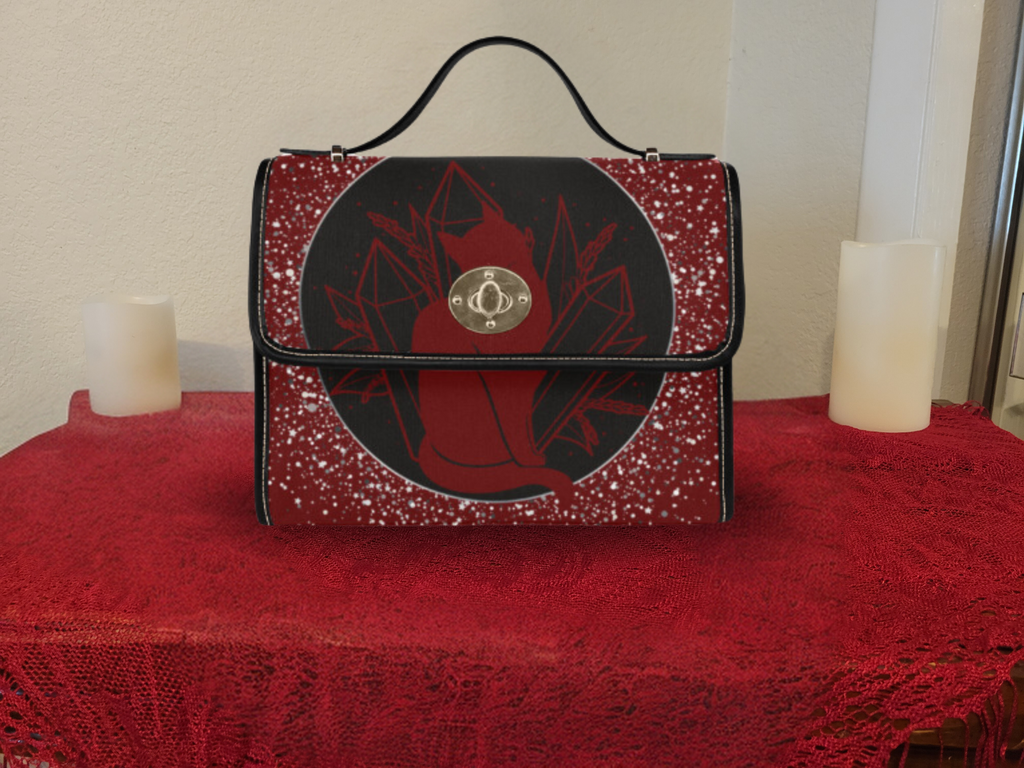 Gothic witch cat pentacle crystal full moon crimson black starfield waterproof canvas handbag crossbody purse gold turn lock