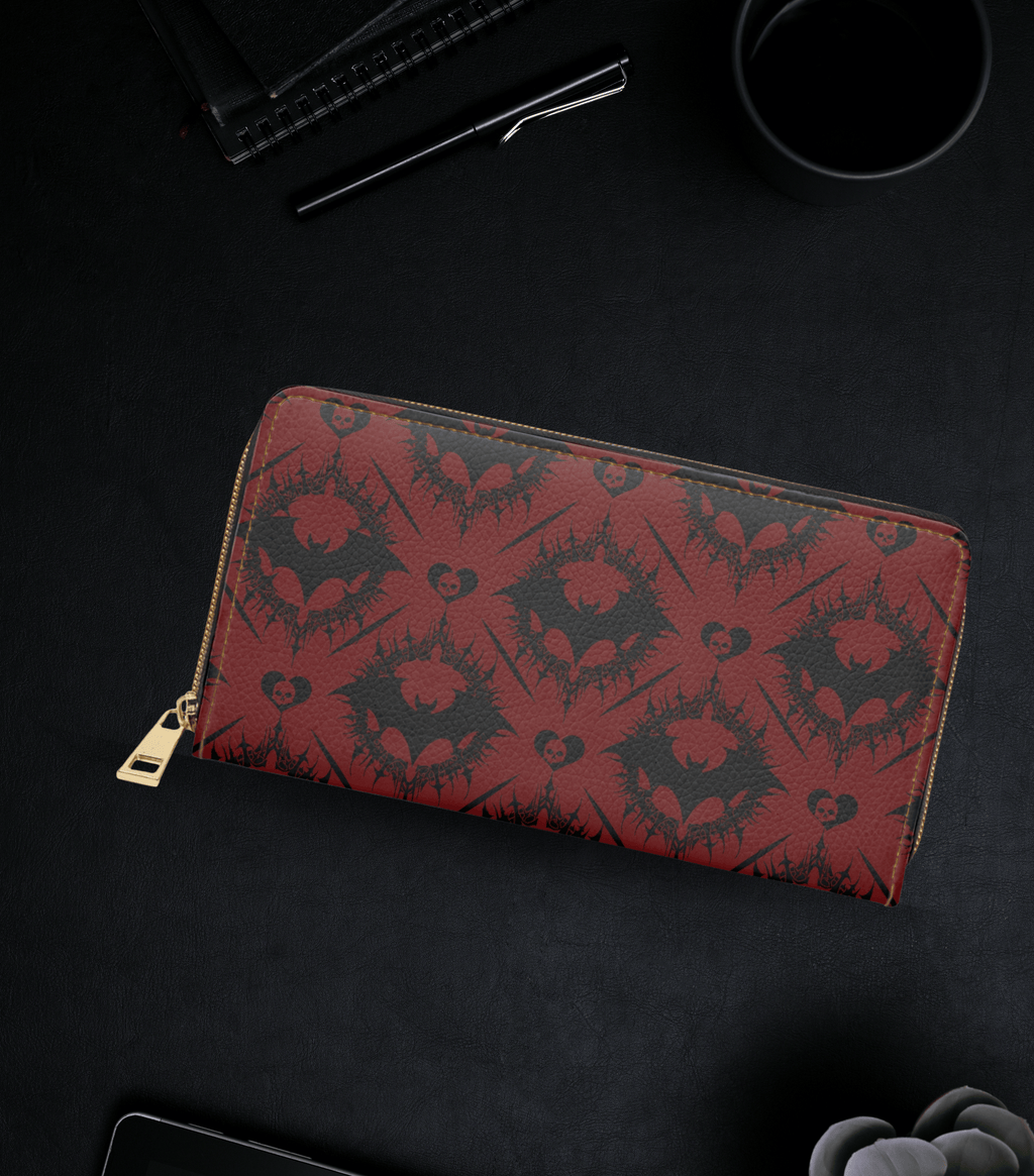 Scarlet Gothic Bat Pattern Wallet | Red & Black Damask Faux Leather Zipper Clutch