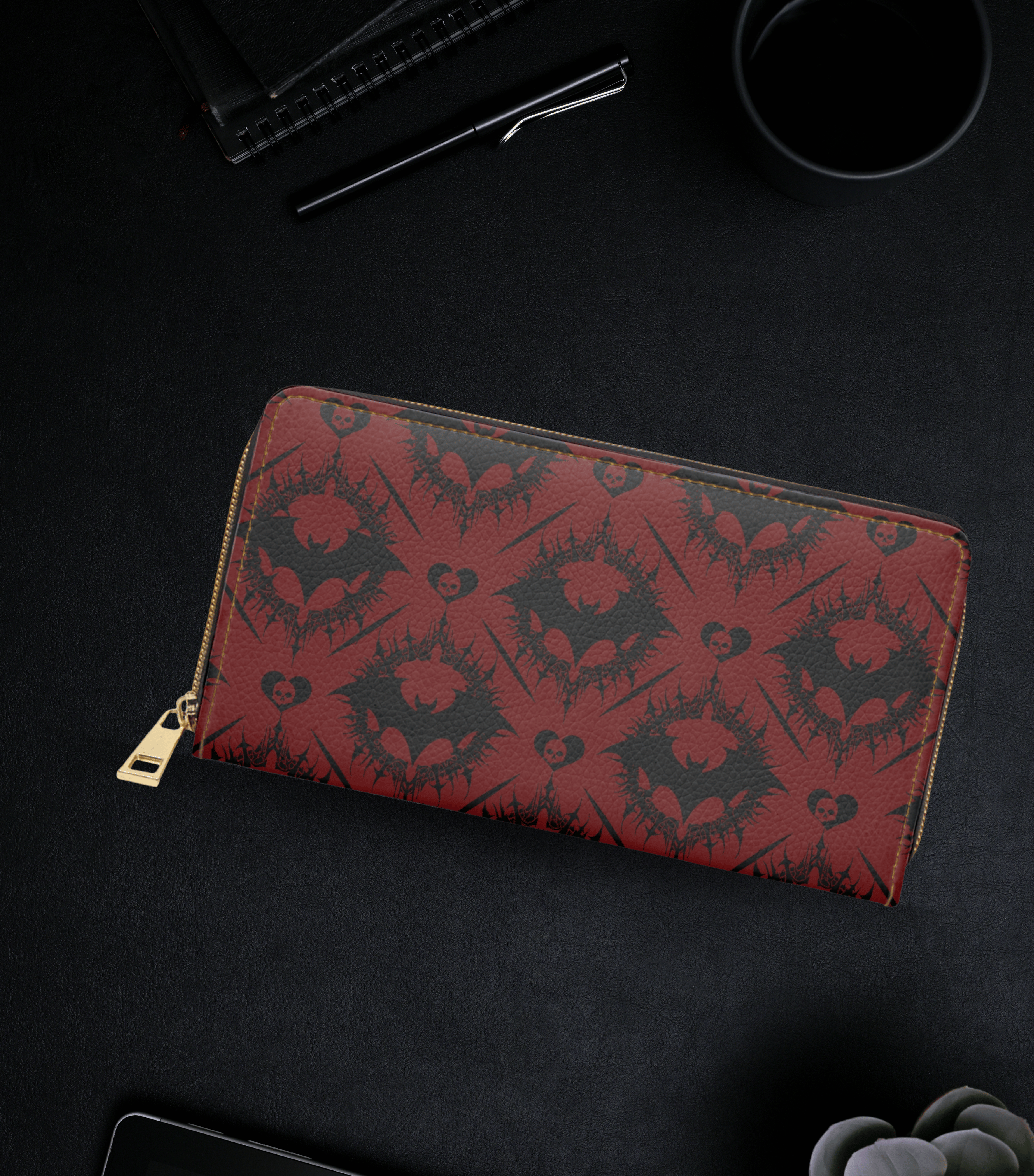 Scarlet Gothic Bat Pattern Wallet | Red & Black Damask Faux Leather Zipper Clutch