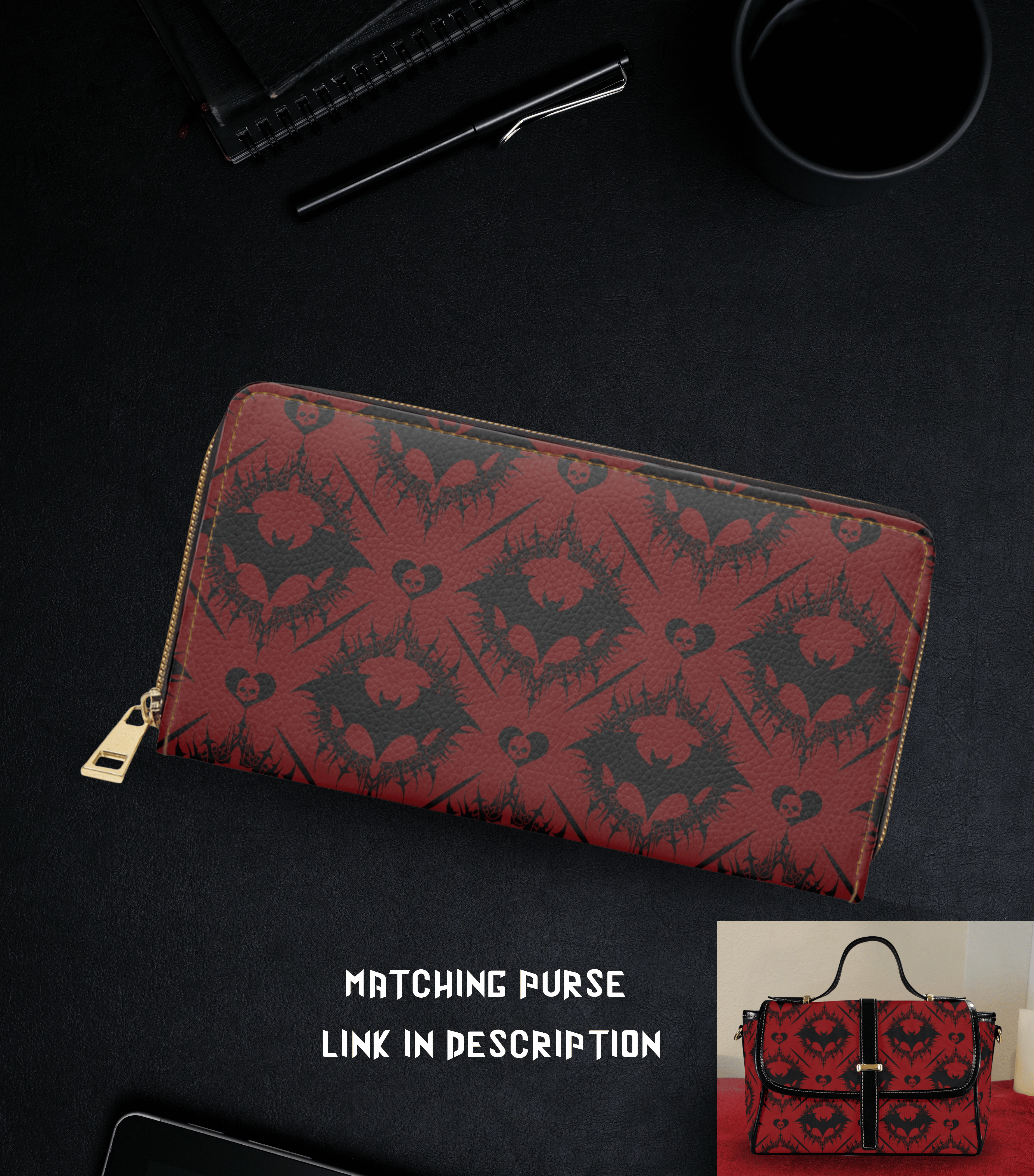 Scarlet red black gothic bat damask skull hearts thorn faux leather zipper wallet gold hardware