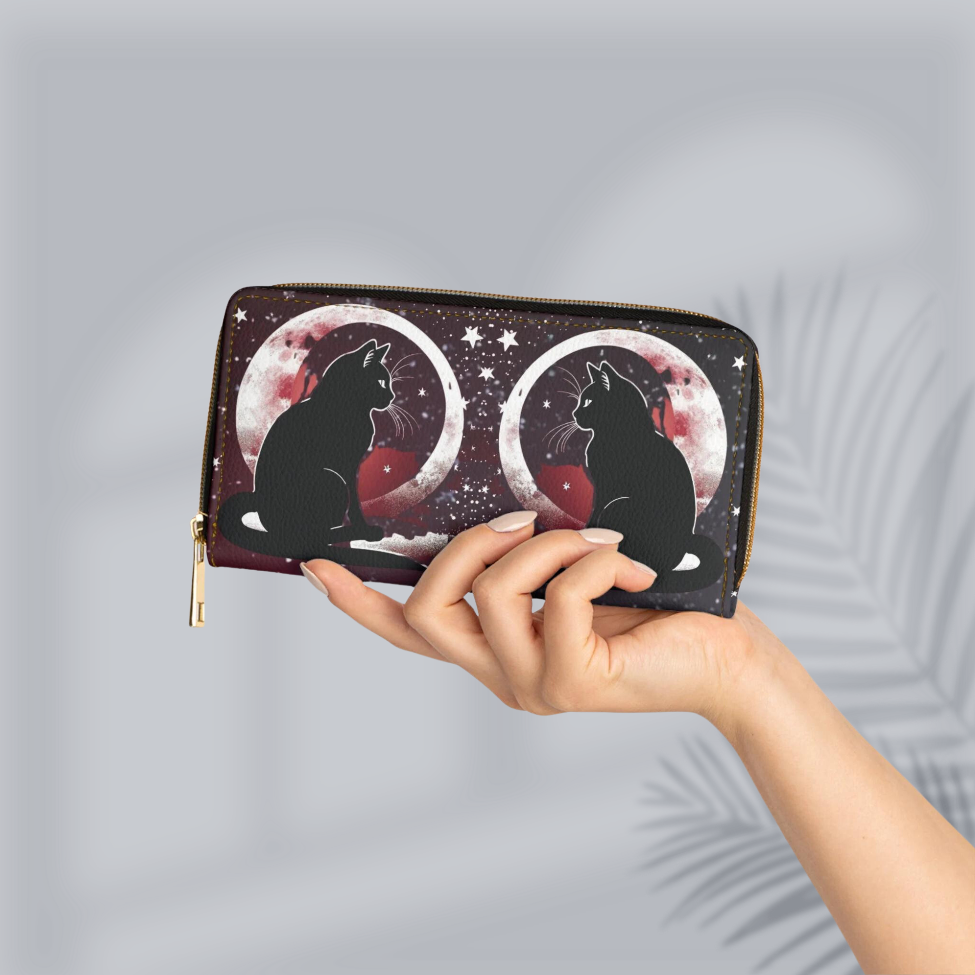 Gothic Twin Black Cat Moon Wallet | Dark Romance Faux Leather Zipper Clutch