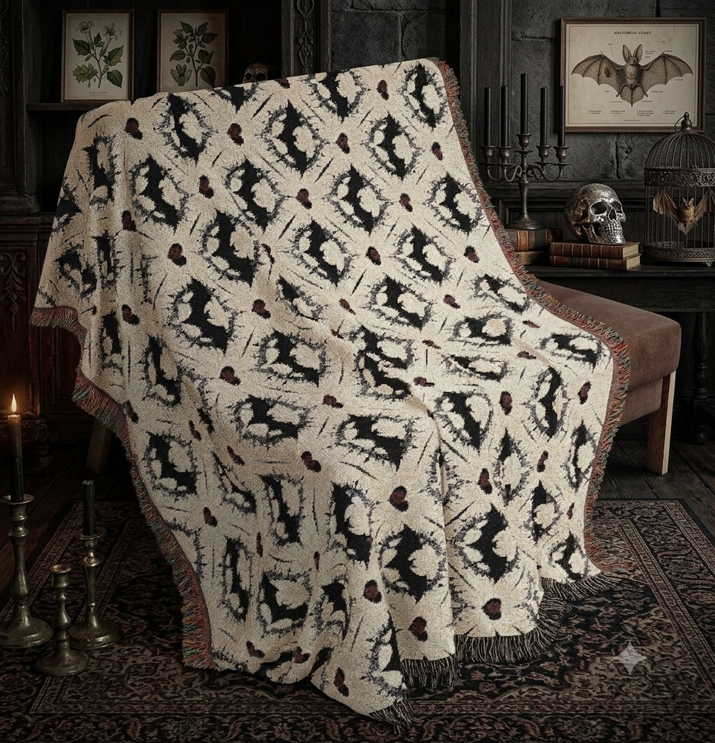 Gothic Bat Pattern Woven Cotton Throw Blanket — Fringe Bat Home Decor