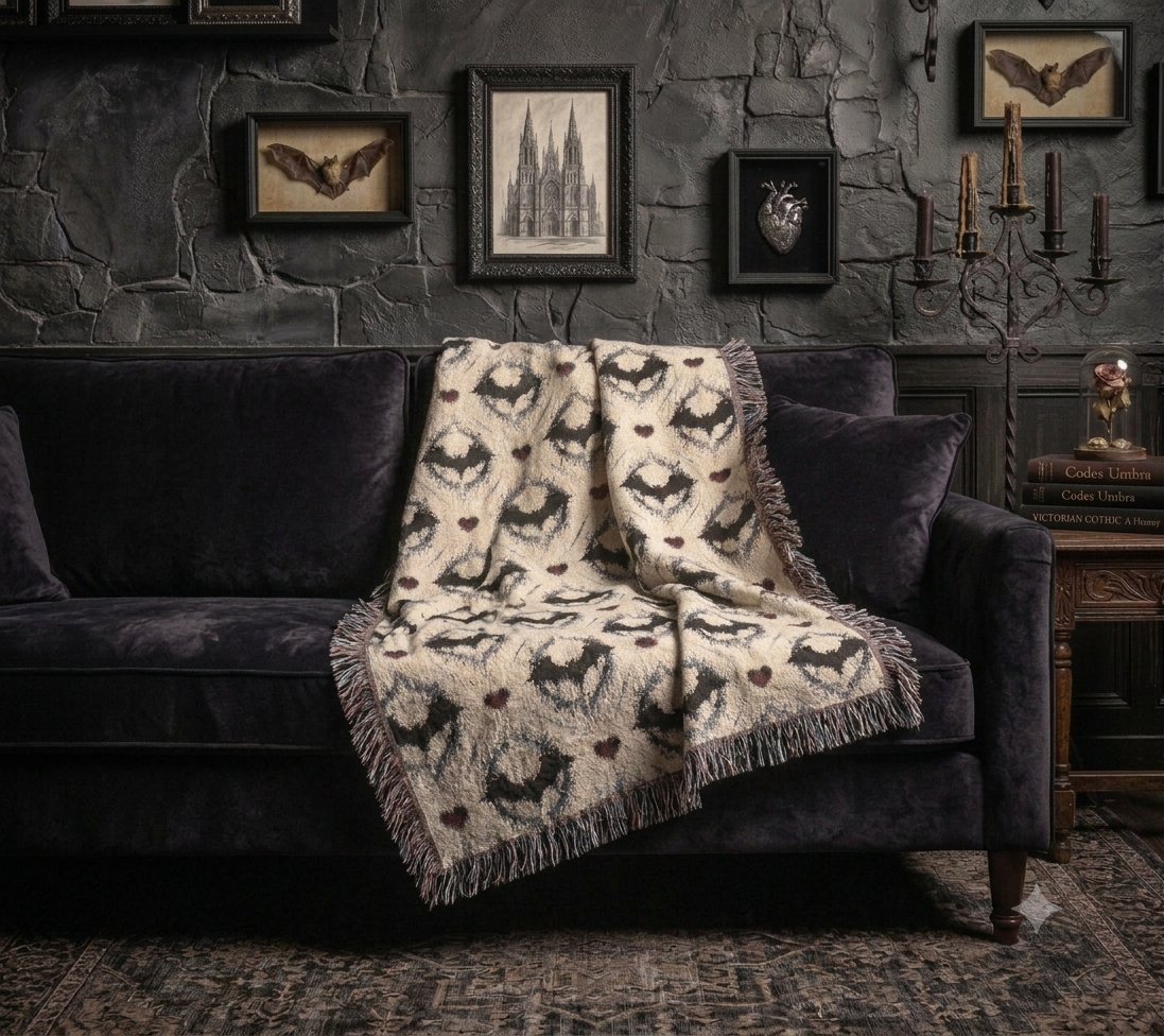 Gothic Bat Pattern Woven Cotton Throw Blanket — Fringe Bat Home Decor