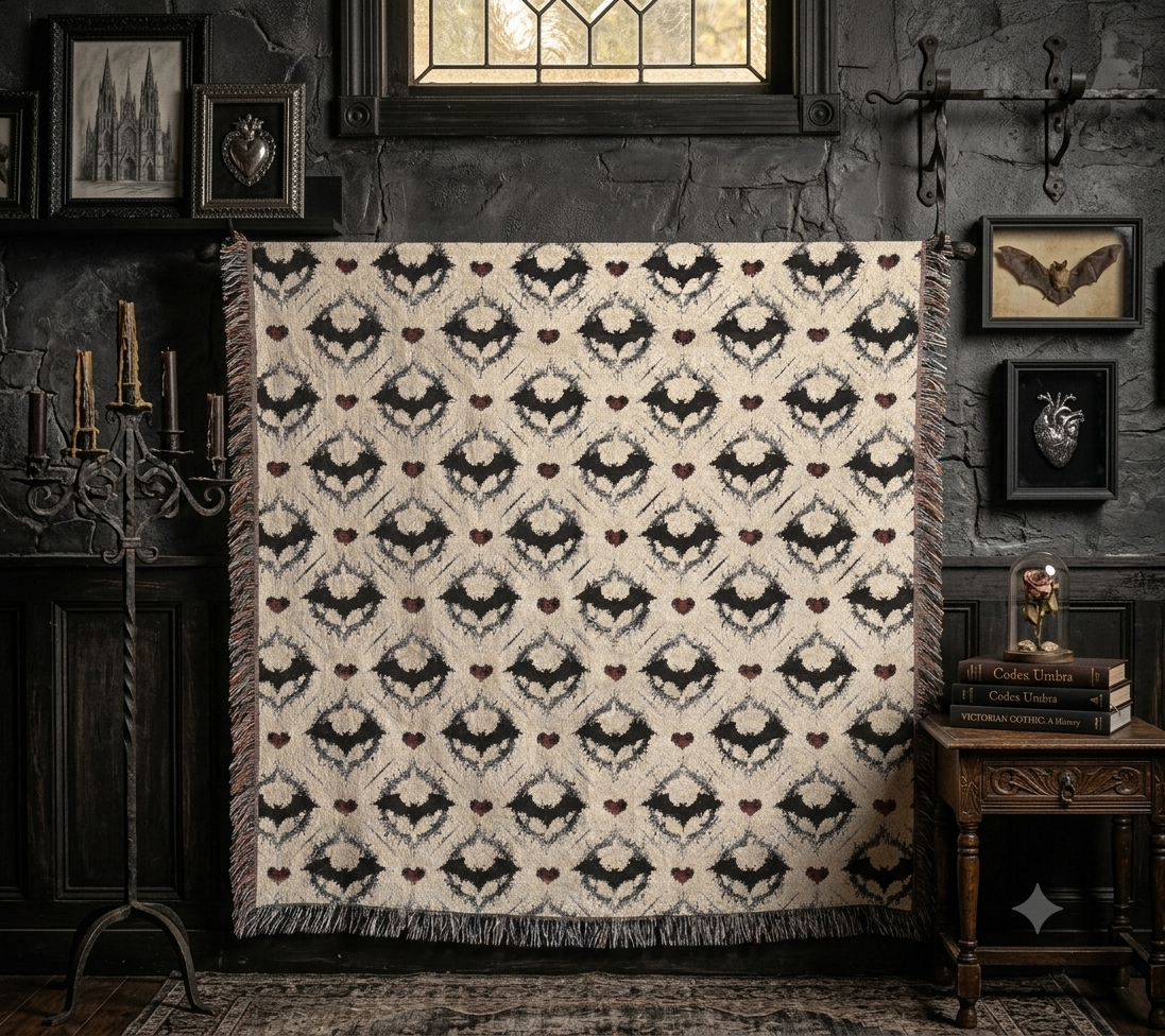 Gothic Bat Pattern Woven Cotton Throw Blanket — Fringe Bat Home Decor
