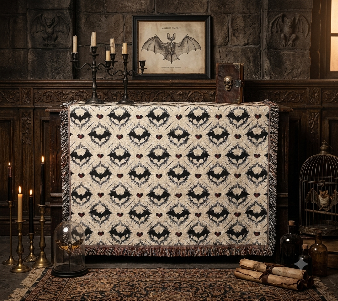 Gothic Bat Pattern Woven Cotton Throw Blanket — Fringe Bat Home Decor
