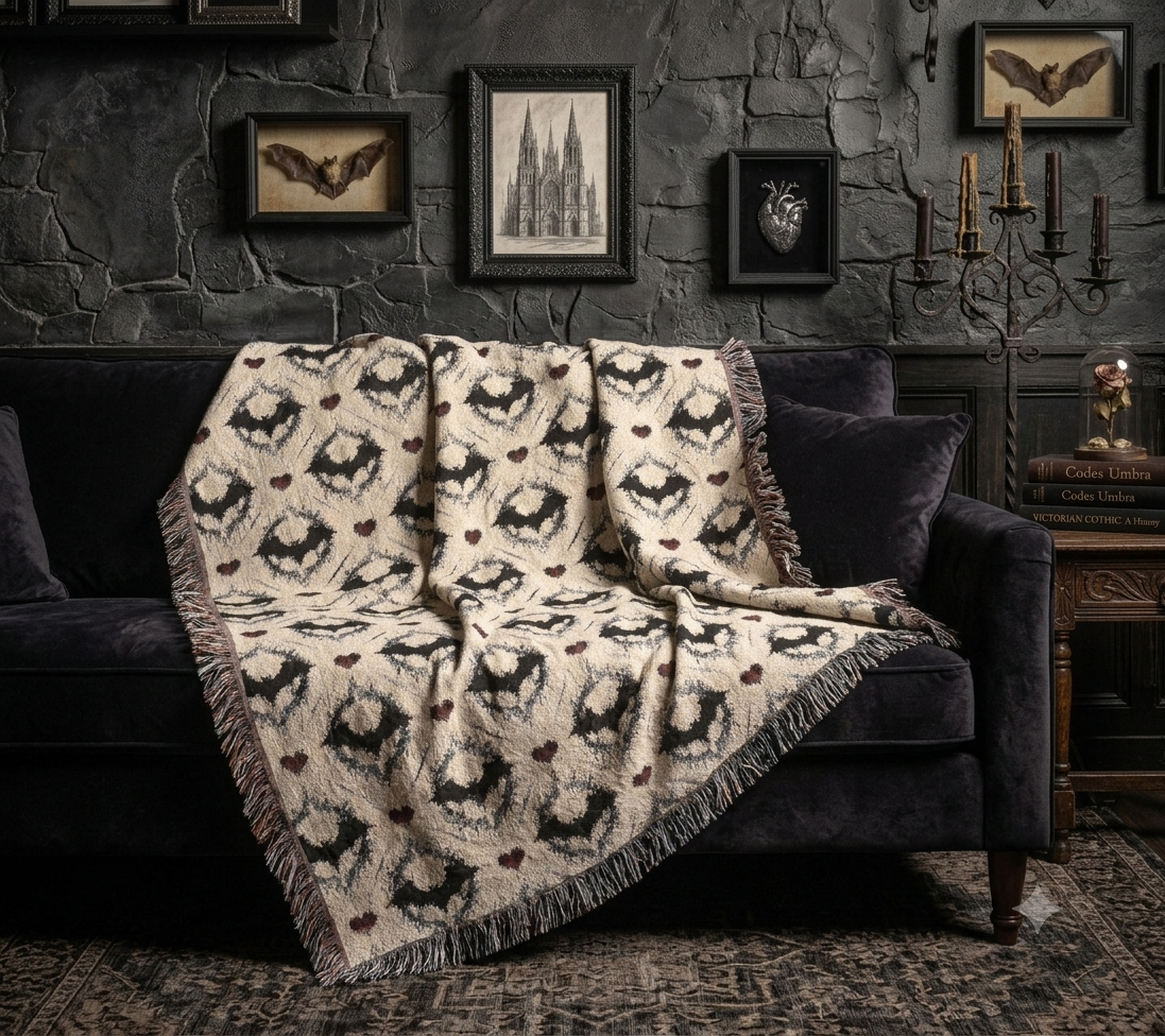 Gothic Bat Pattern Woven Cotton Throw Blanket — Fringe Bat Home Decor