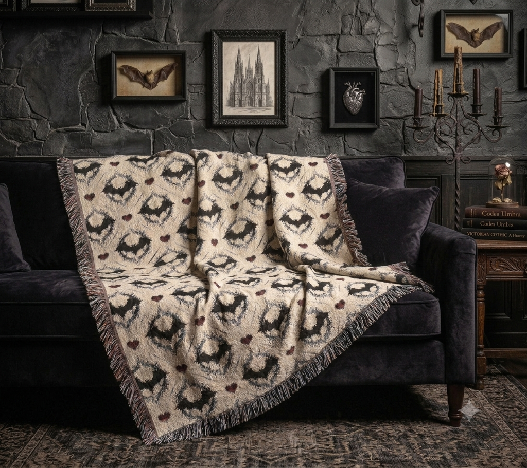 Gothic Bat Pattern Woven Cotton Throw Blanket — Fringe Bat Home Decor