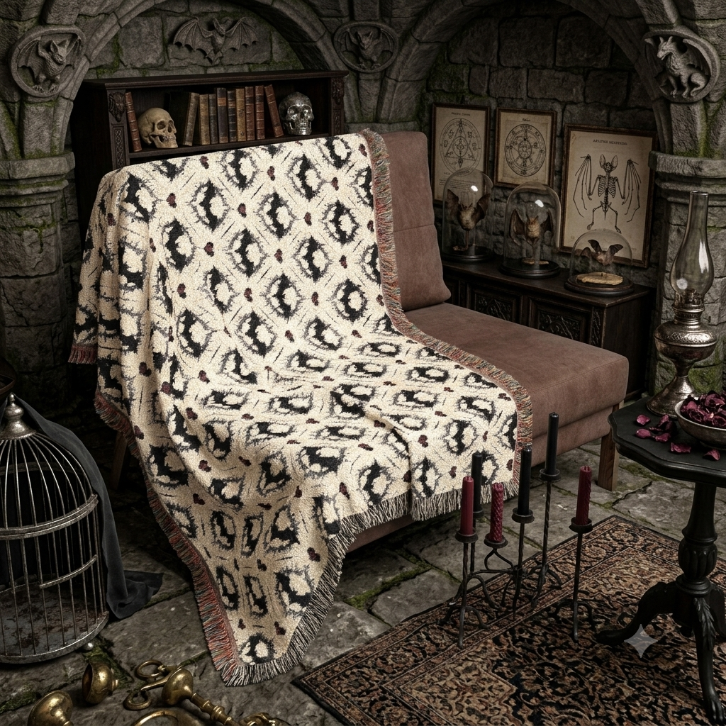 Gothic Bat Pattern Woven Cotton Throw Blanket — Fringe Bat Home Decor