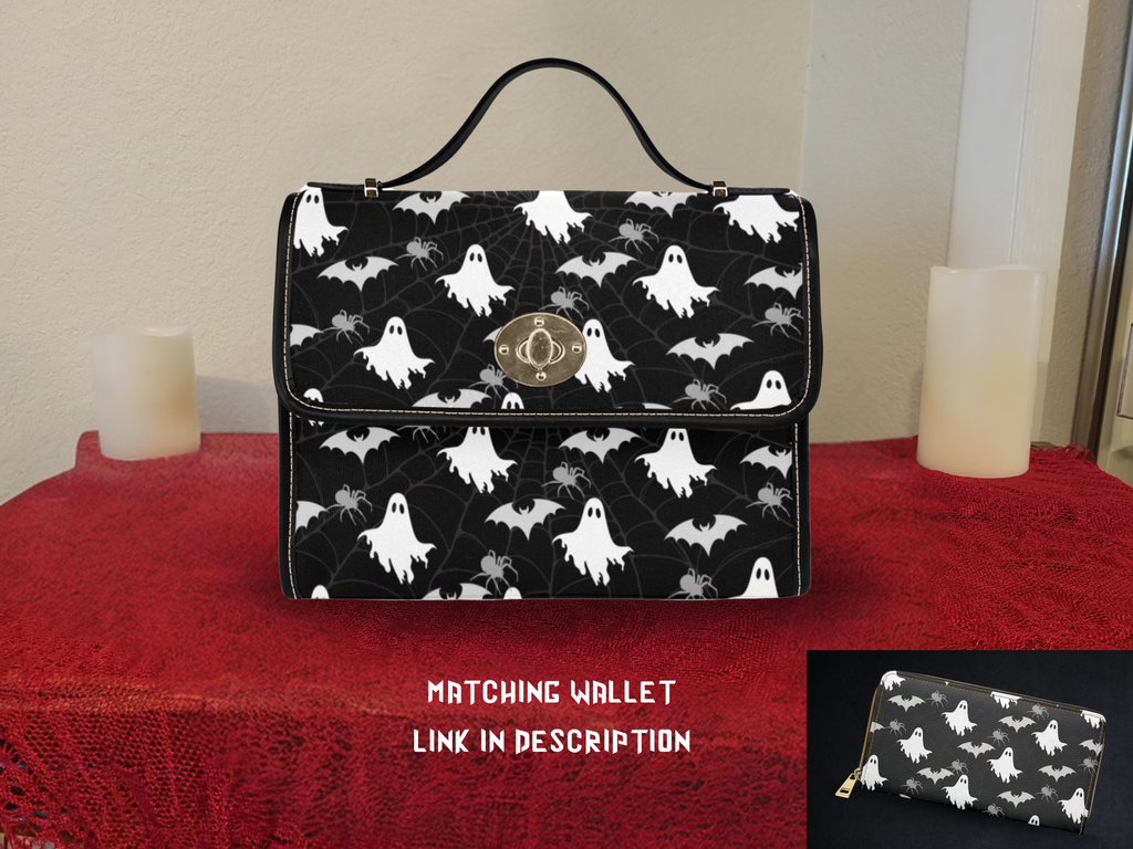 Gothic ghost bat spider web black white waterproof canvas handbag crossbody purse gold turn lock